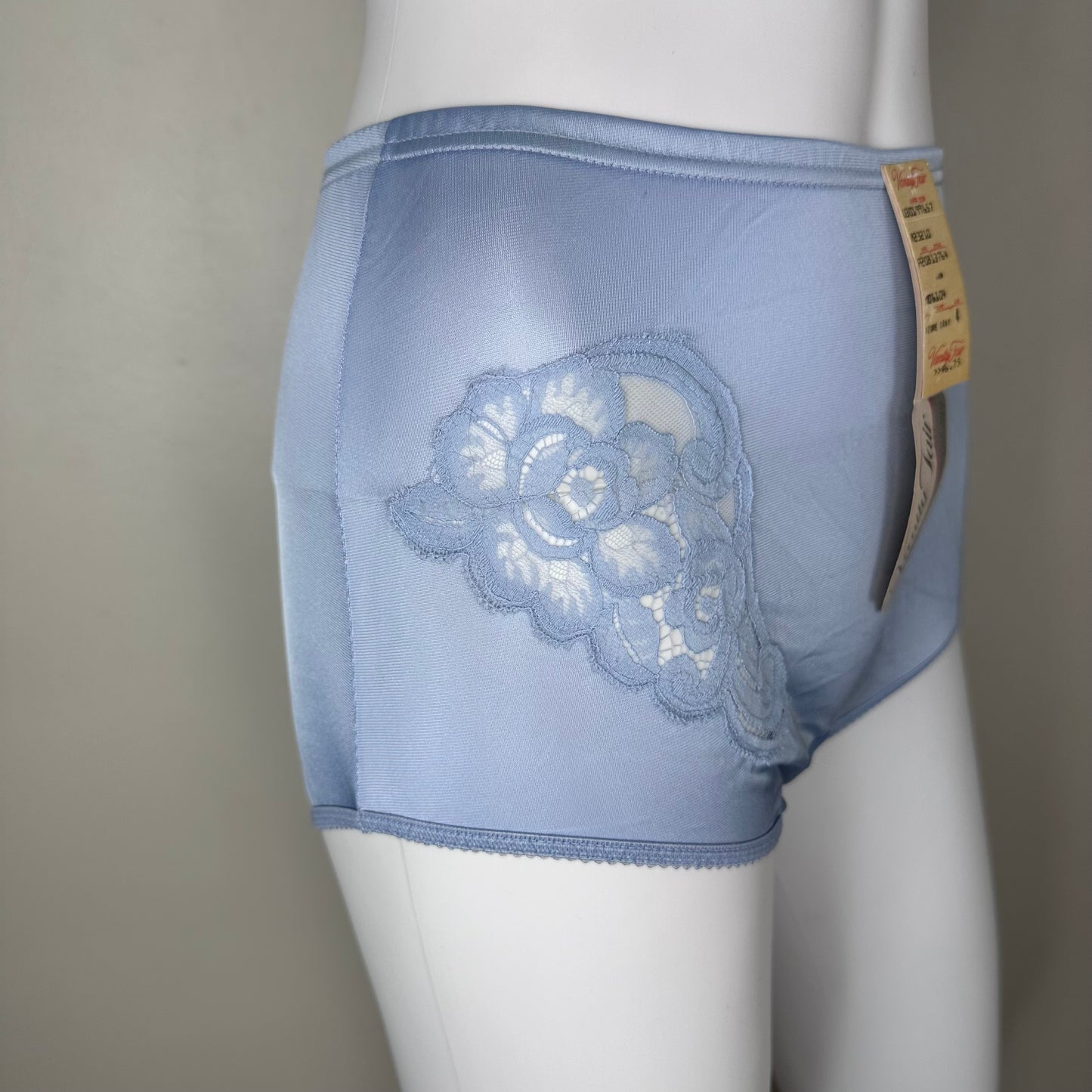 1980s Vanity Fair Nylon Panties, Lace Piquant Sophisticated Elegance Size 4, Pastel Blue, Azure Gray, Deadstock with Tags