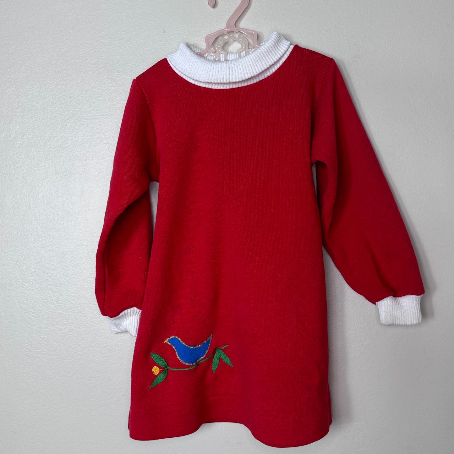1970s/80s Red Knit Turtleneck Dress with Blue Bird Appliqué, Health-tex Size 4T