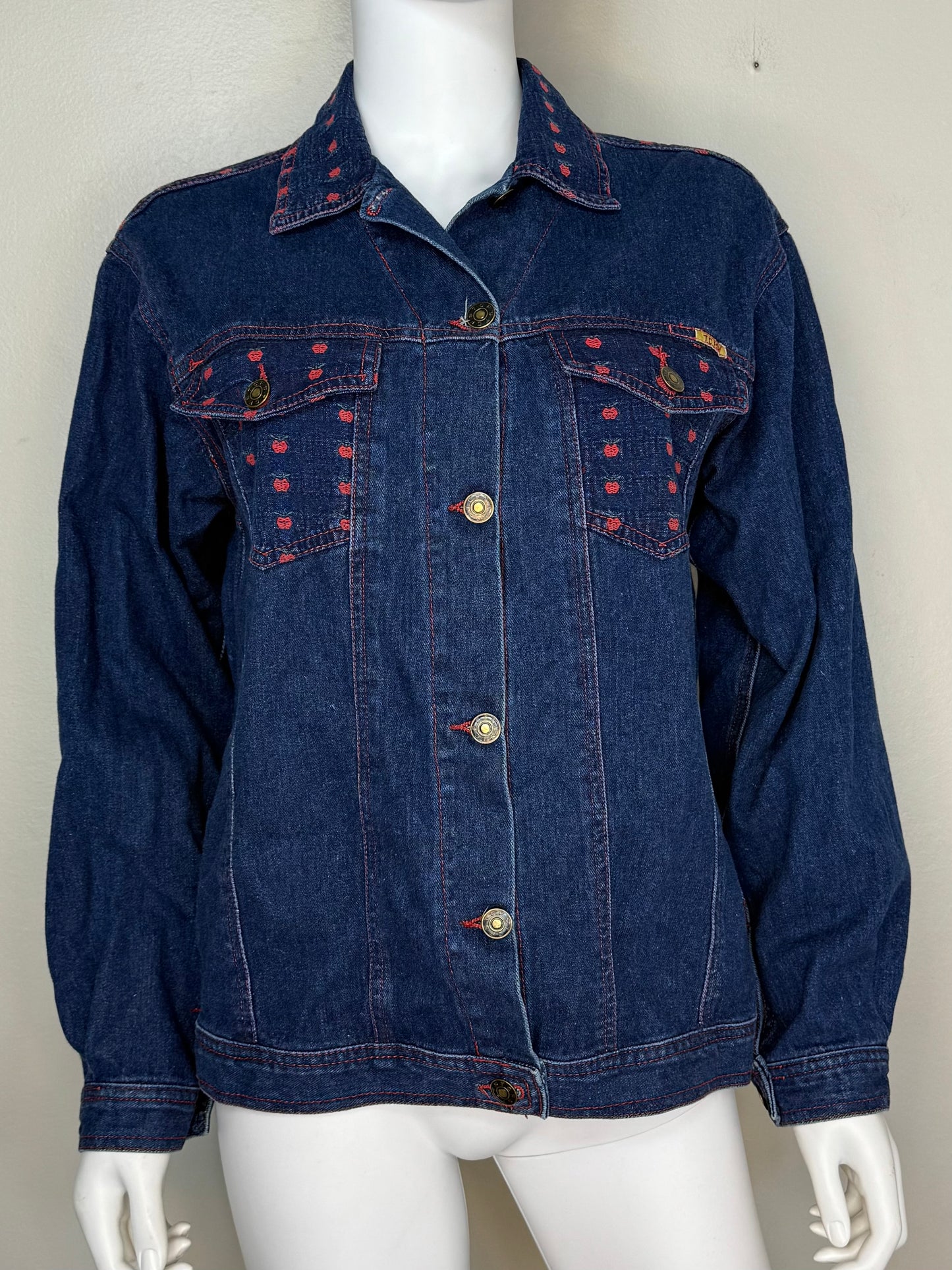 1990s Denim Jacket with Apples, T.C.F.S. Size Medium, Teacher Style