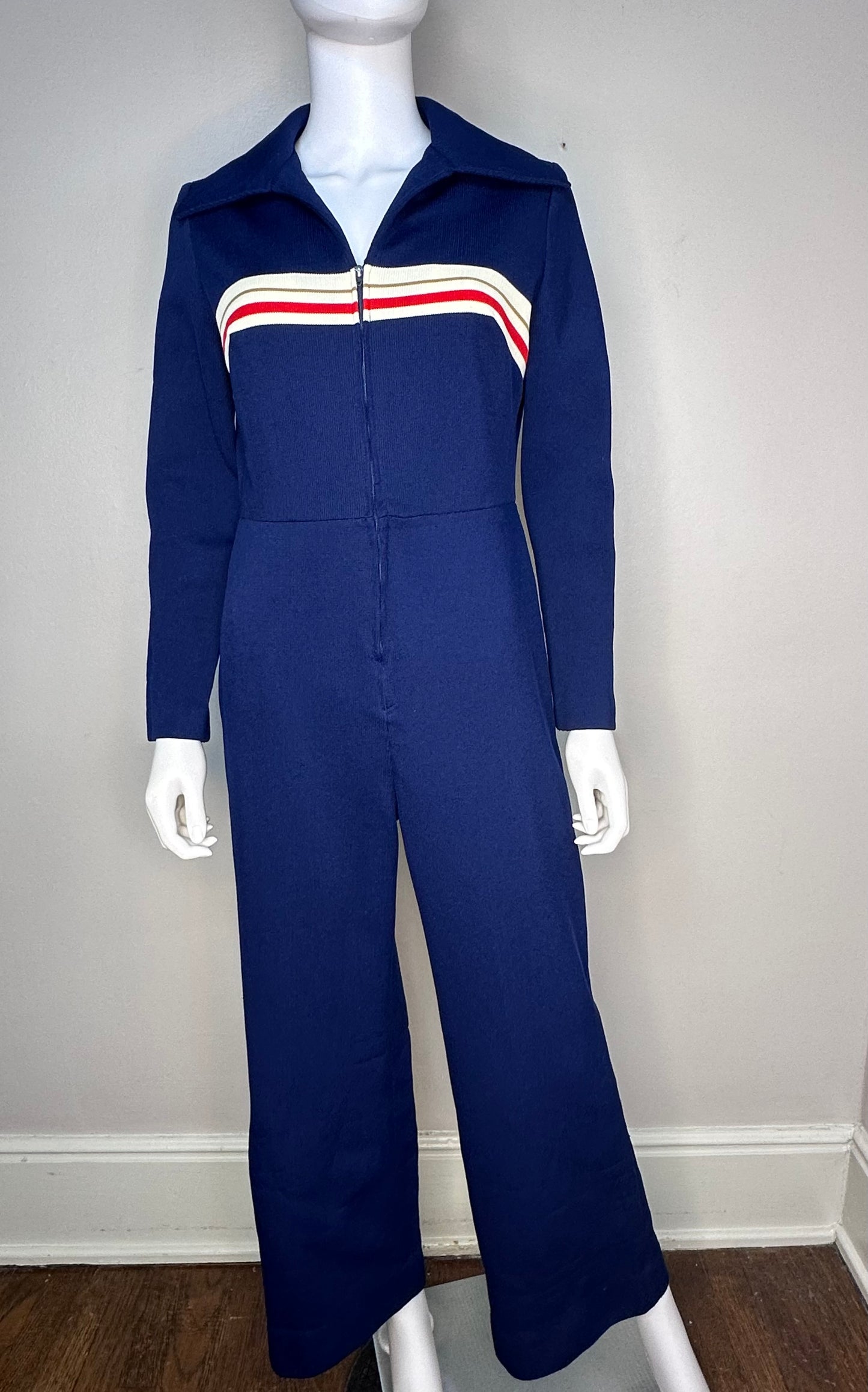 1970s Navy Blue Polyester Zip Up Jumpsuit, Size M/L, Wide Leg