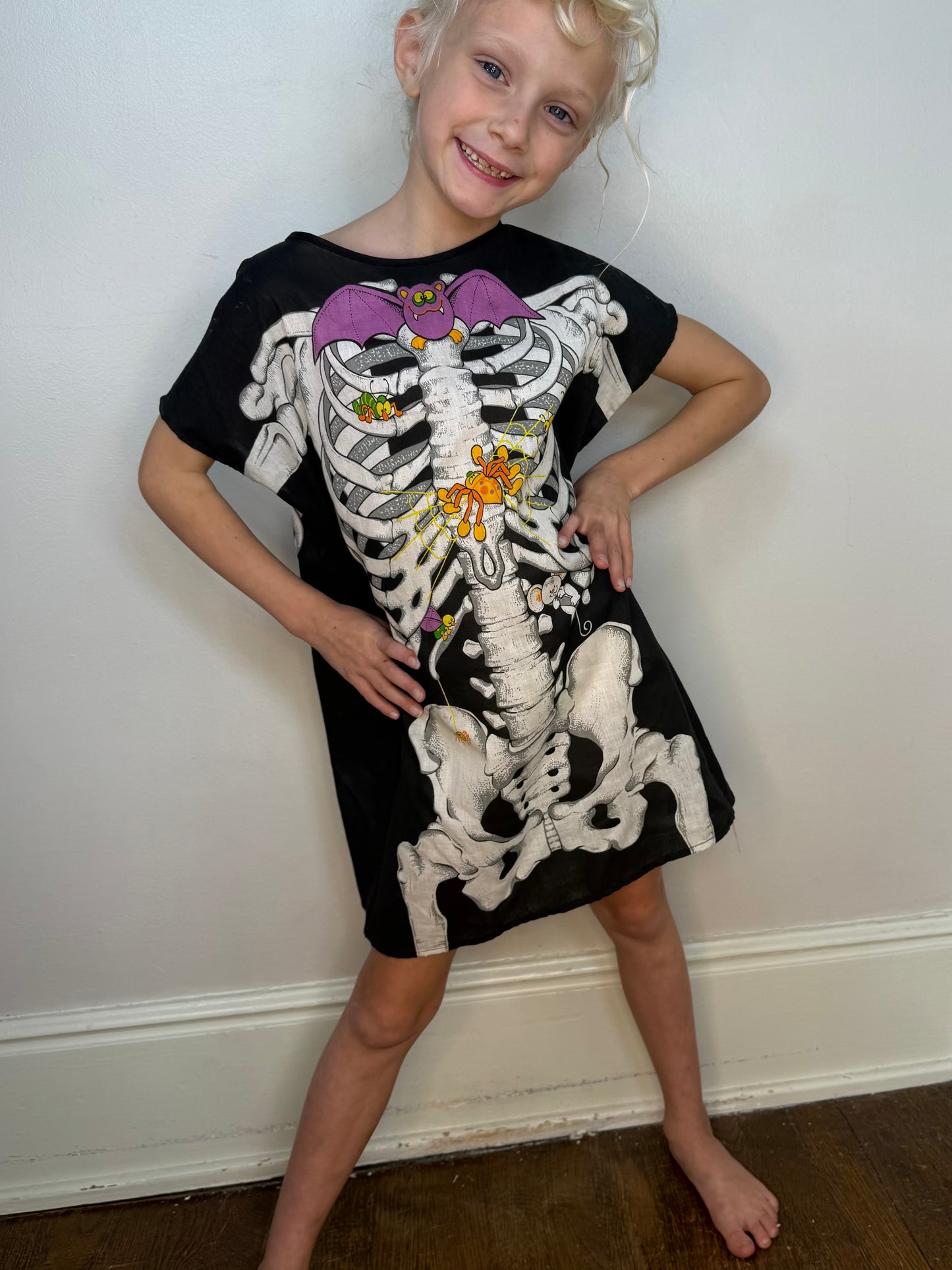 1980s Halloween Skeleton Costume Children's Dress or Adult Top, Handmade from Cut and Sew Fabric