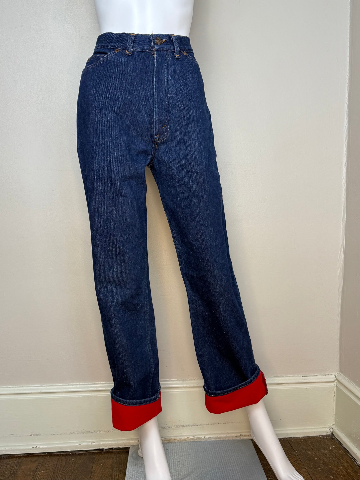 1980s Winter Levi’s Jeans, Dark Denim with Red Flannel Lining, 27"x32", High Rise Straight Leg