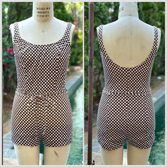 1970s Brown Plaid Women’s Swimsuit, Size XS-Small, One Piece, Romper