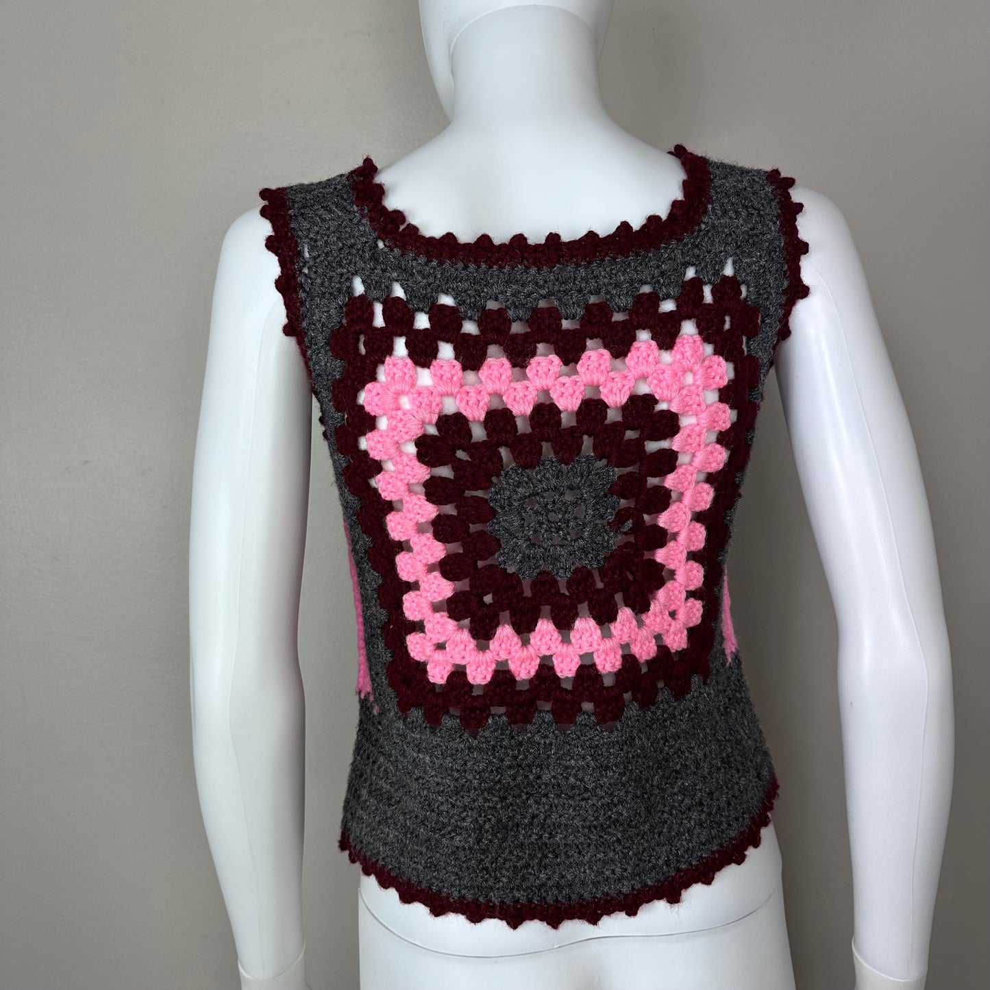 1970s Handmade Granny Square Sweater Vest, Grey and Pink Size XS-Small