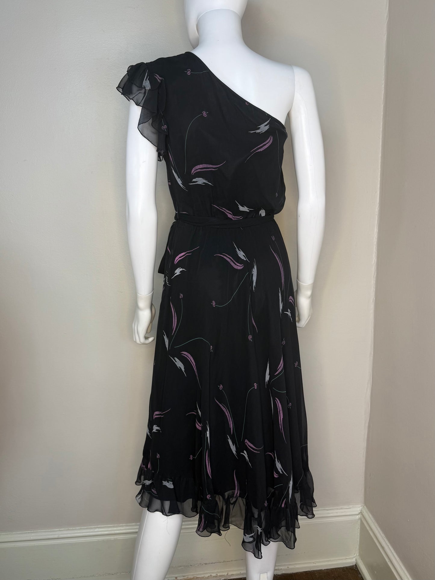 1970s/80s Sheer Black Abstract Floral Asymmetrical One Shoulder Dress, Inner Circle Inc Size Small