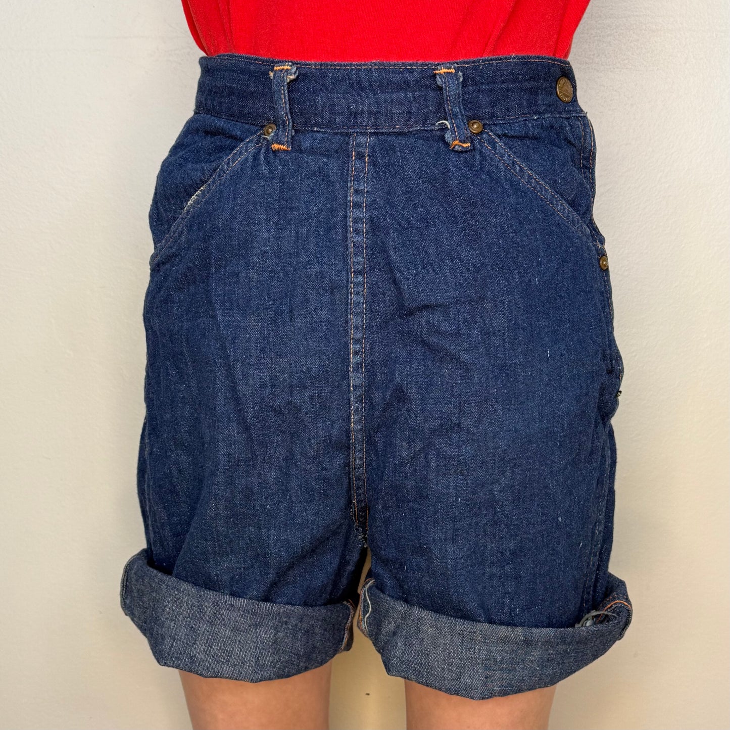 1950s Side Zip Blue Jean Cut Off Shorts, Over the Top Dungarees, Kids 9/10, Adult XXS