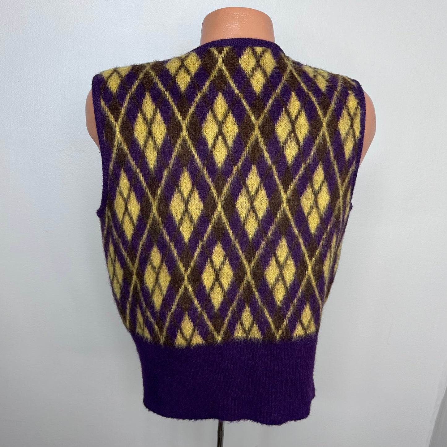 1970s Purple and Yellow Argyle Mohair Sweater Vest, Catalina Martin Size Medium
