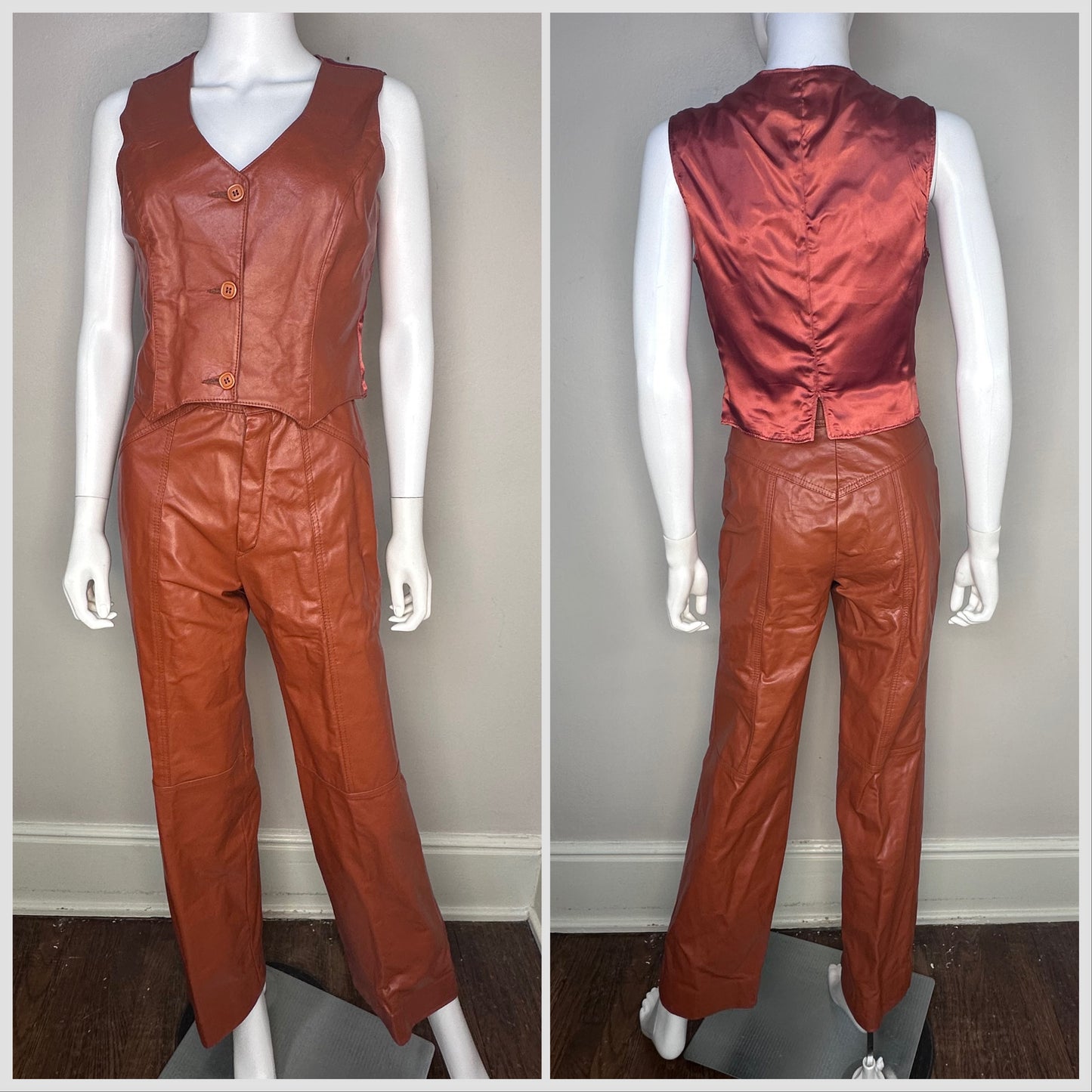 1970s Women’s Brown Leather Three Piece Pant Suit, Margaret Godfrey for Bagatelle Size XS, Blazer Vest Pants