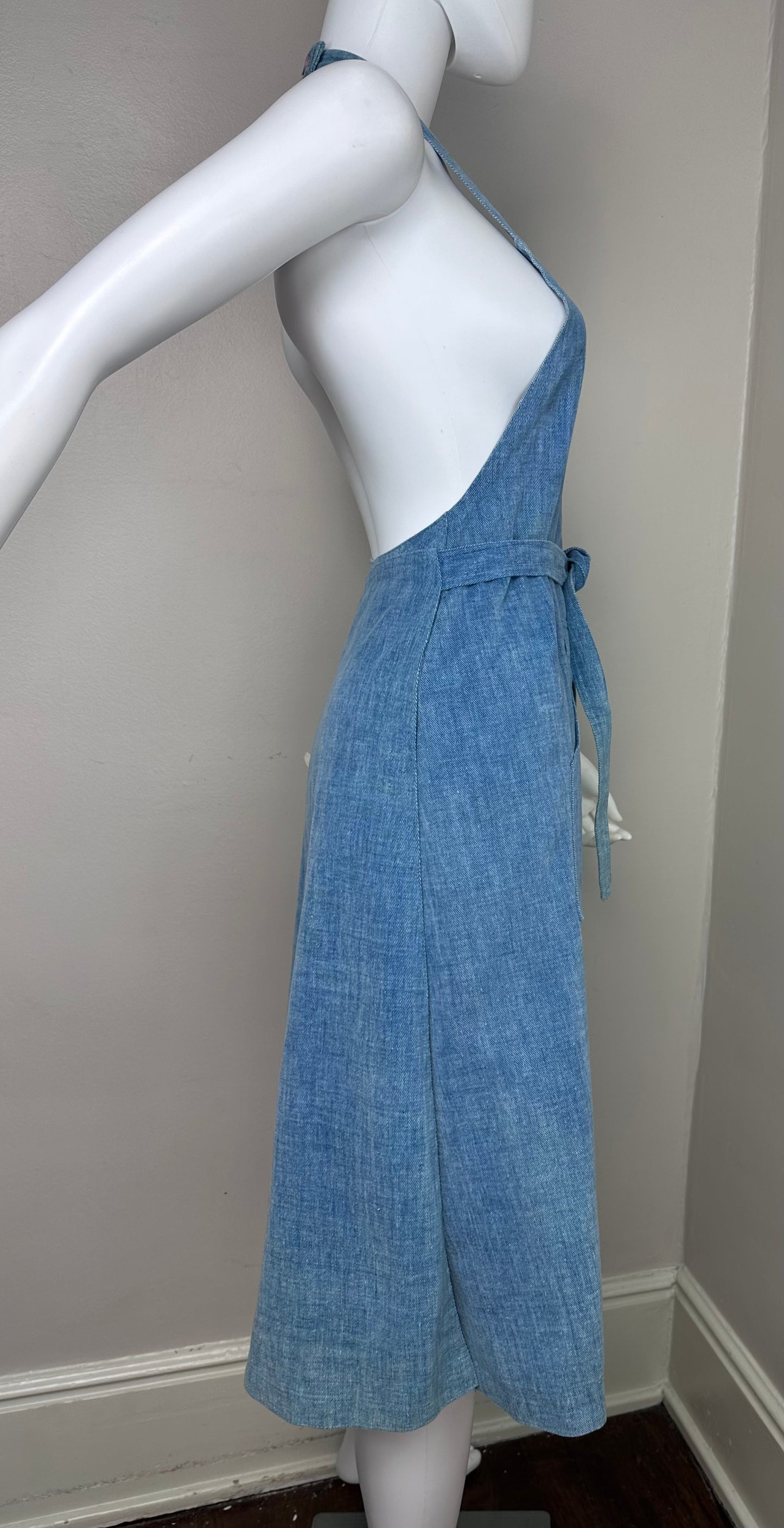 1970s Denim Halter Jumper Wrap Dress, Glenora Jrs Size Medium-Large