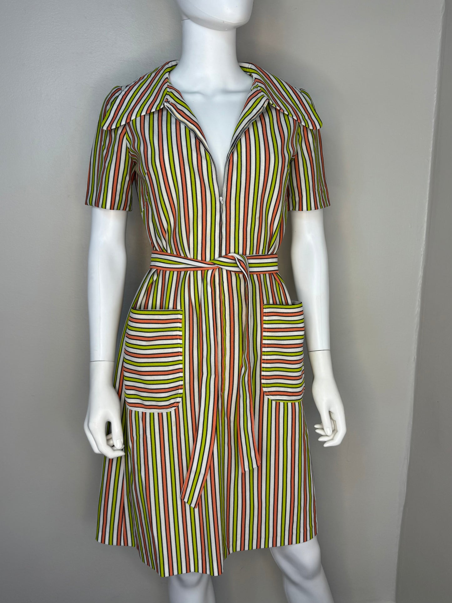 1970s Striped Mod Dress with Large Collar, Handmade, Size S/M, Double Knit Polyester Zip Front