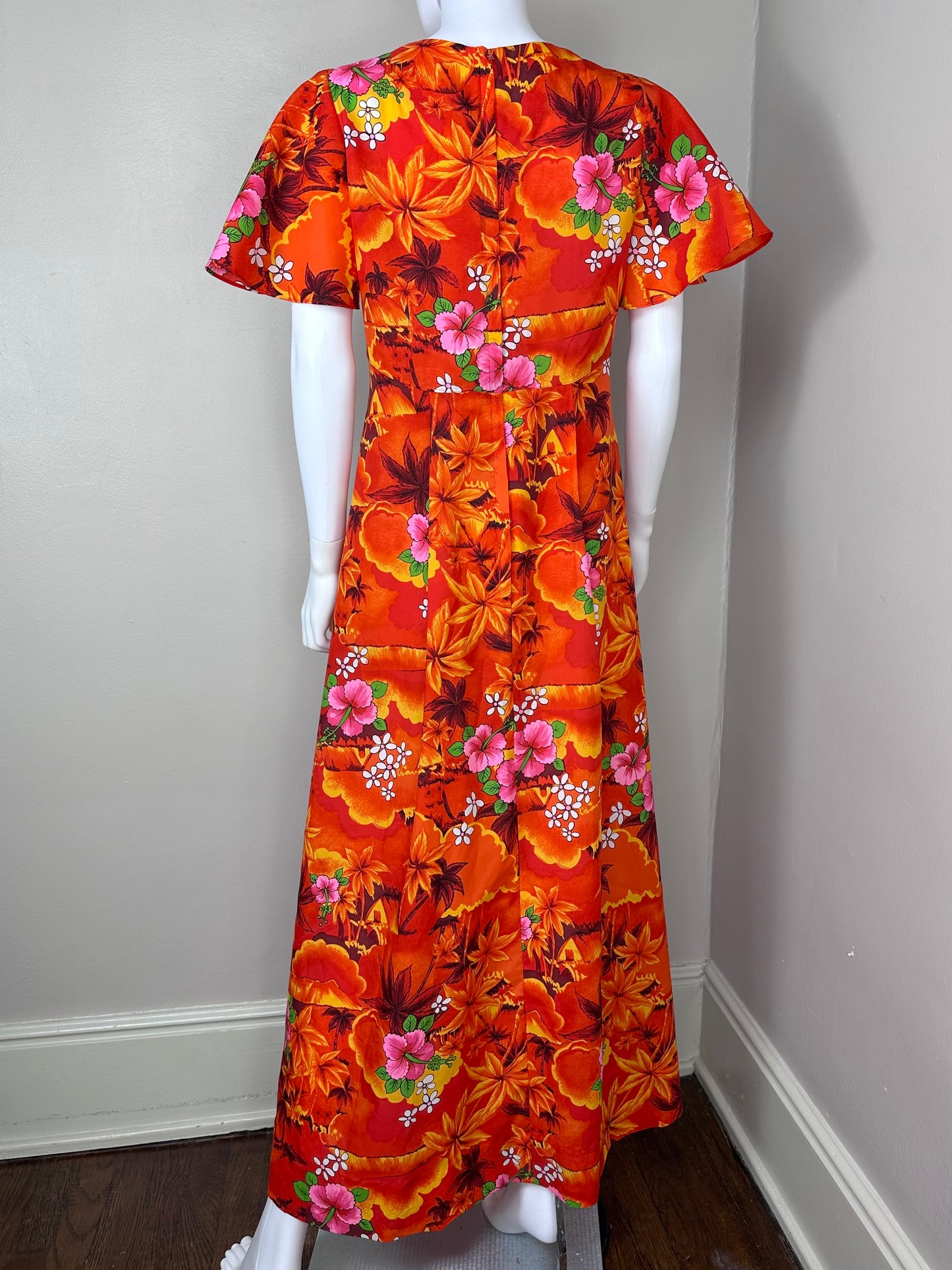 1970s Orange Tropical Floral Maxi Dress, Royal Hawaiian Size M/L