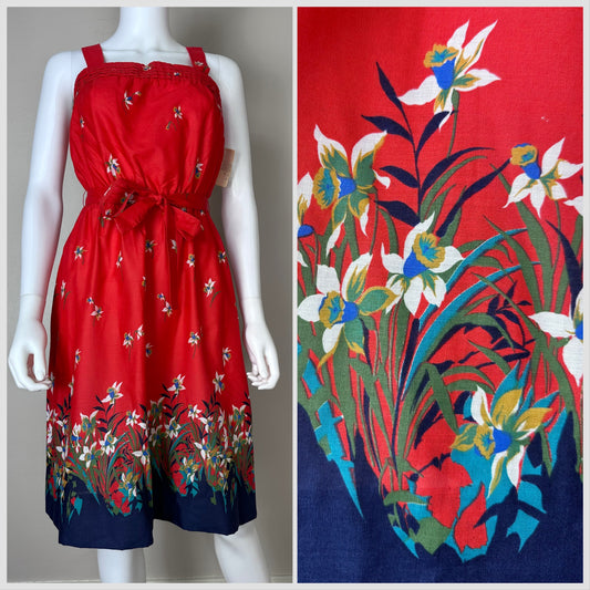 1970s/80s Red Floral Sundress, Top Made Size S-M, Border Print Dress, Deadstock with Tags