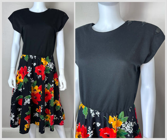 1980s Black Floral Dress, In Cinq Size Medium