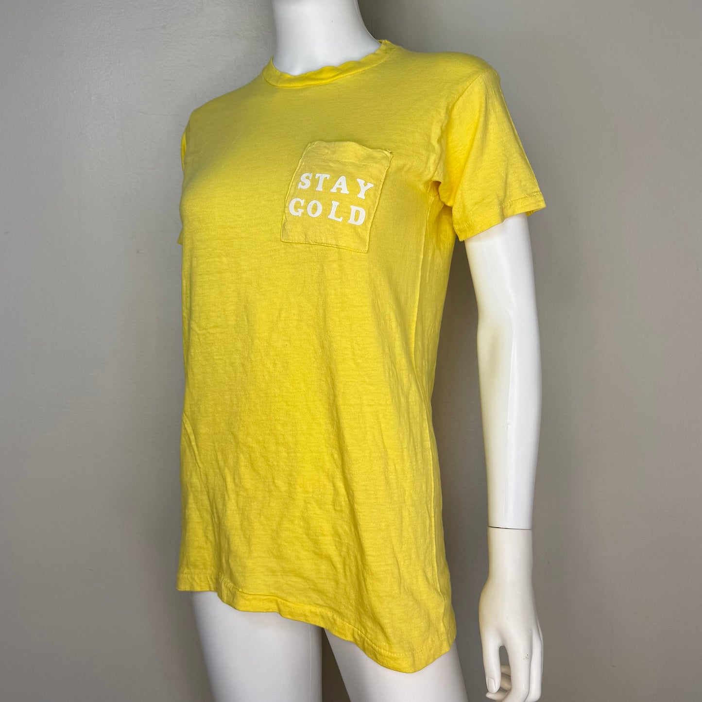 1970s Stay Gold Yellow T-Shirt, Fruit of the Loom Pocket Tee Size Small