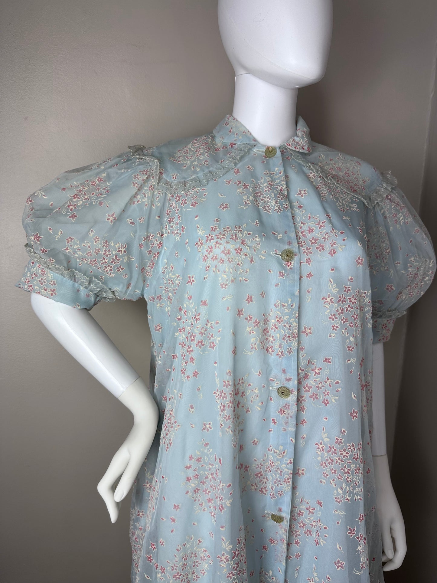 1950s Sheer Flocked Floral Robe, By Jane Joyce Size S/M