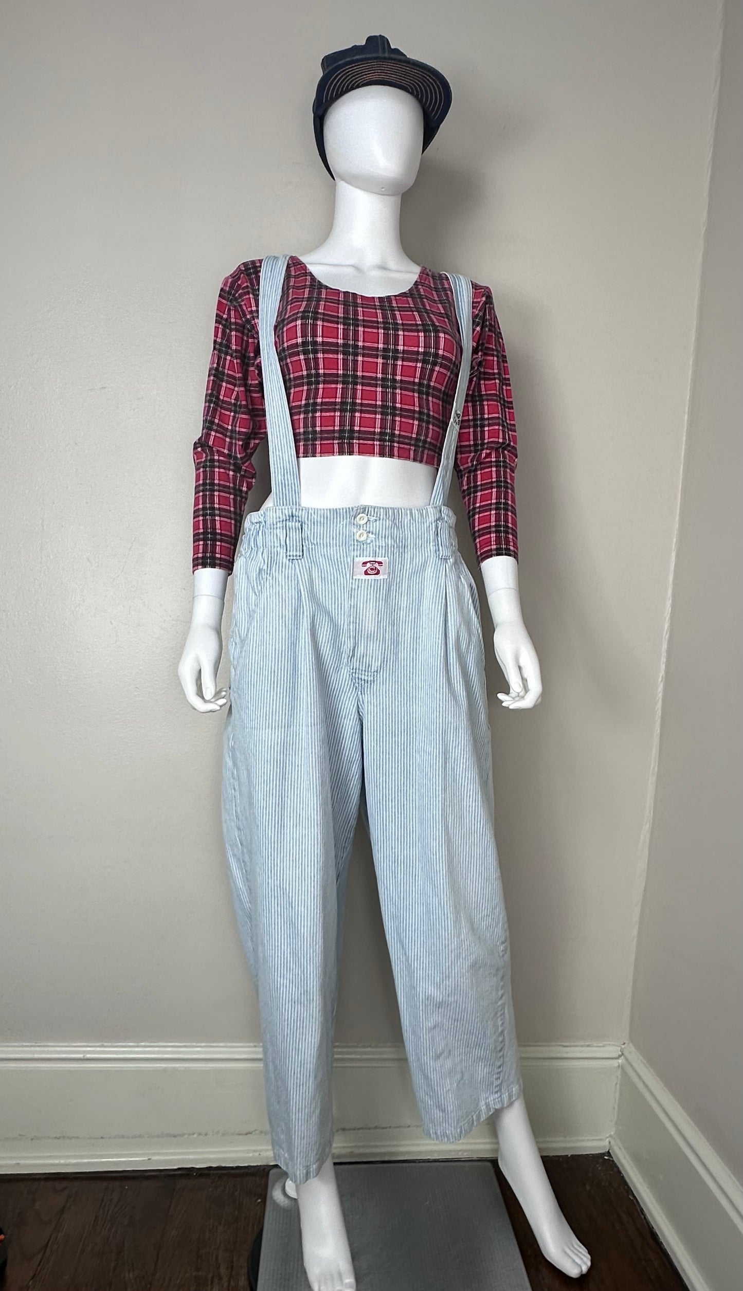1980s Hickory Stripe Denim Suspender Jeans, Local Heroes Size Medium/Large, 31"x25"