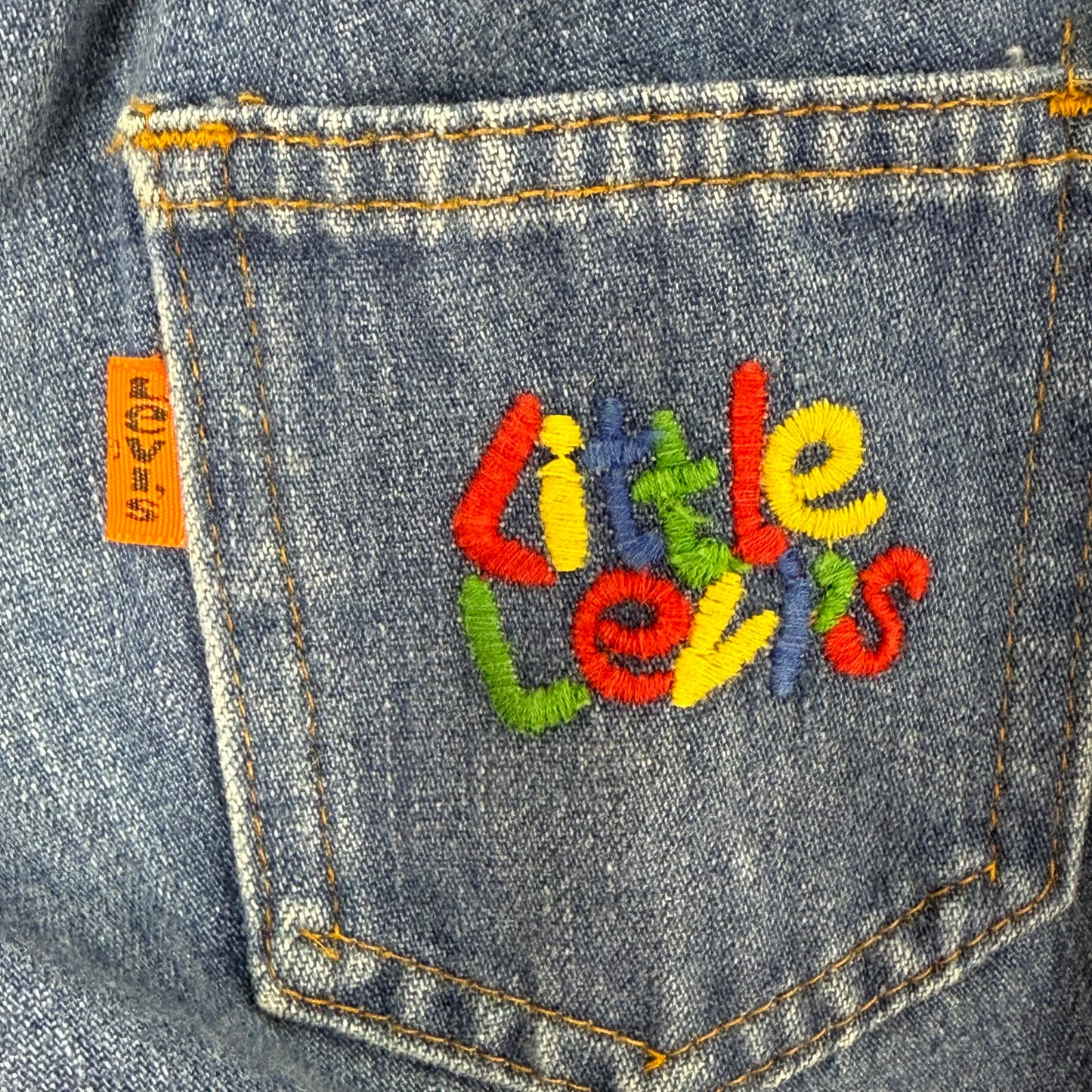 1970s Blue Jeans, Little Levi’s Size 3T, Embroidered Pocket, Orange Tab