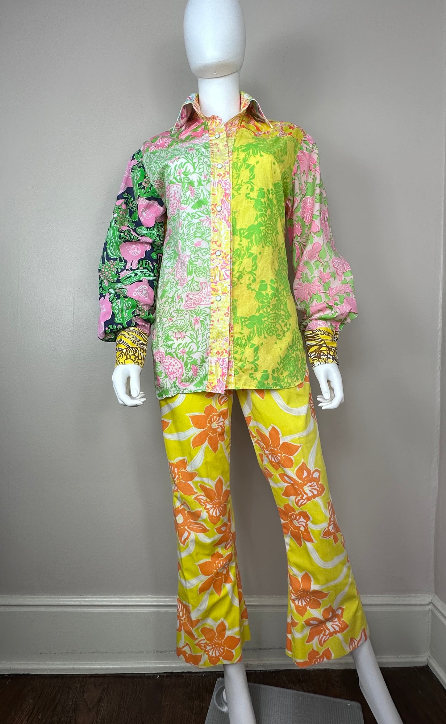 1970s Handmade Mixed Print Western Shirt, Size Medium, Vintage Lilly Pulitzer Fabric