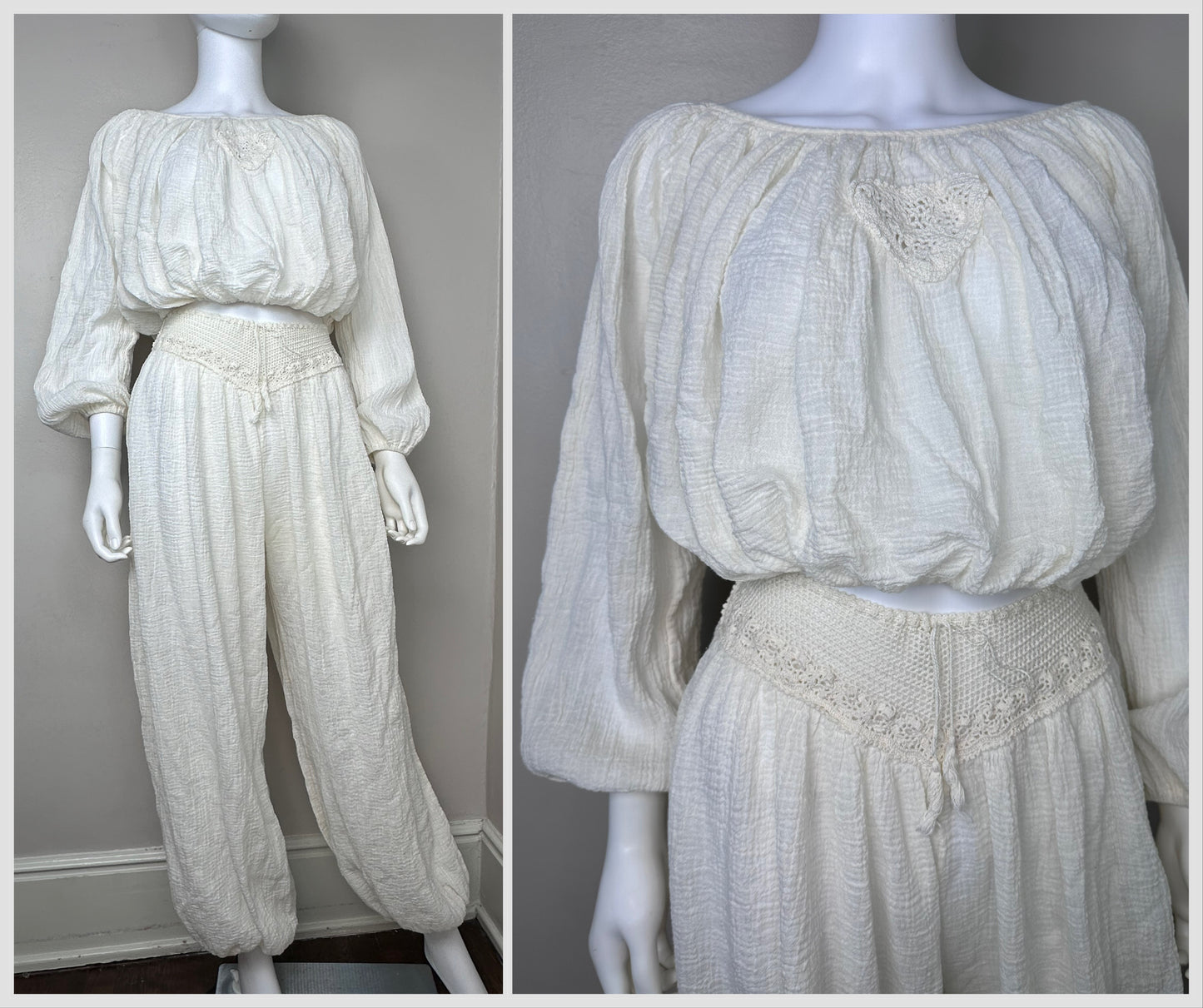 1970s/80s Cream Gauze Crop Top and Balloon Pants Set, Crochet, Size Small-Medium