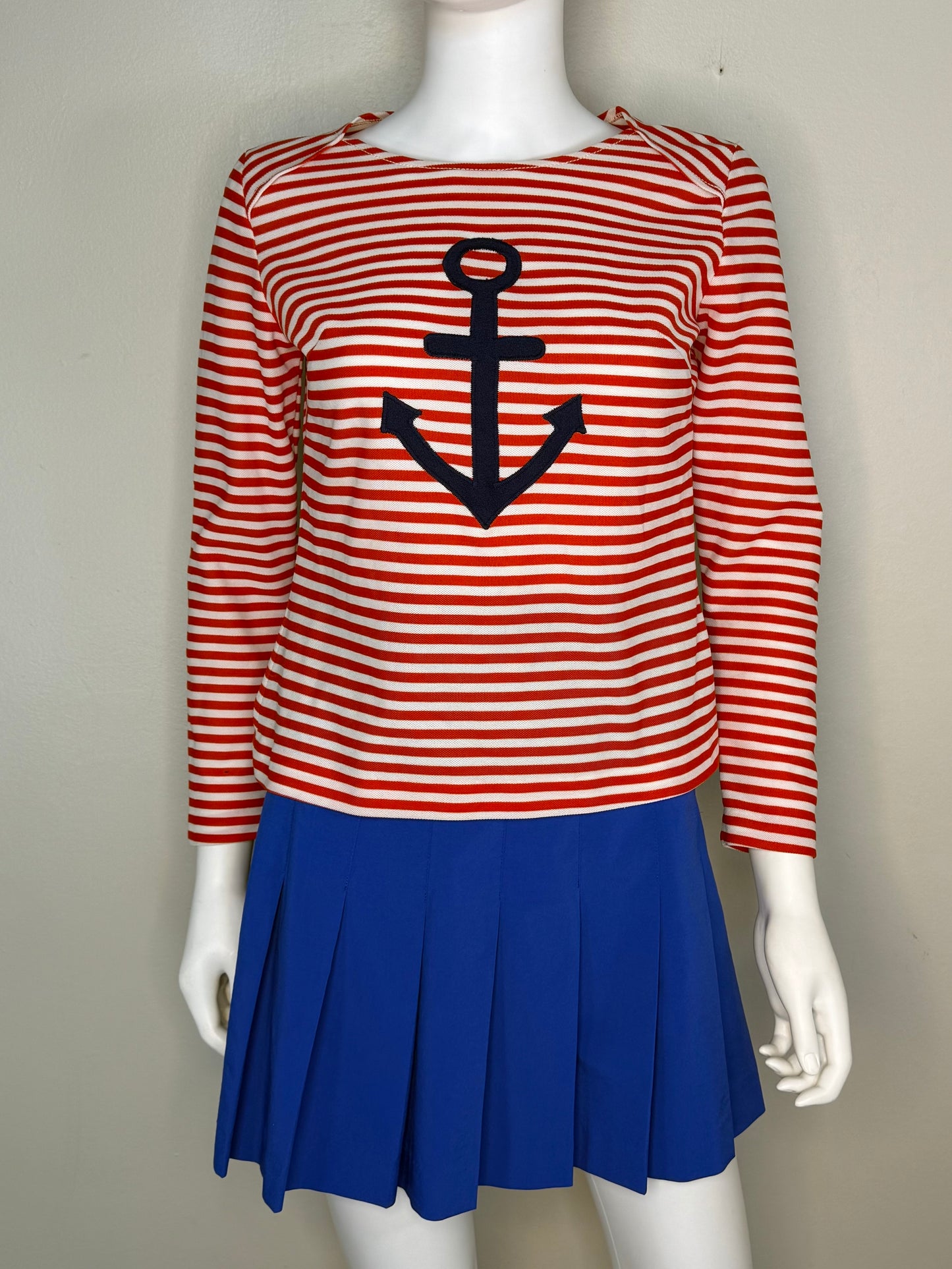 1970s Red and White Stripe Long Sleeve Knit Shirt, Applique Anchor, Lois Ann Jrs Size Small