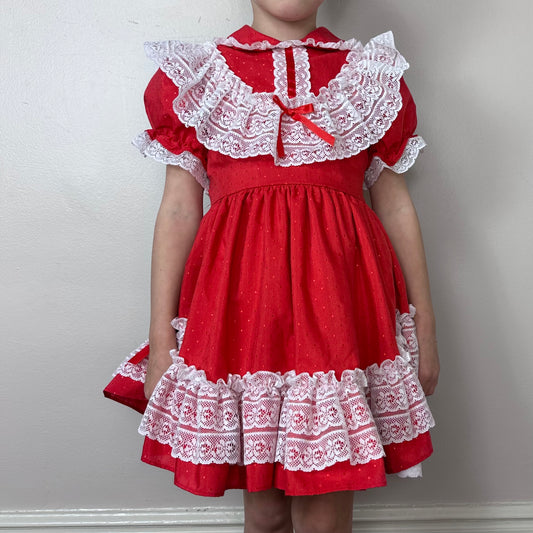 1980s Red Polka Dot Frilly Dress, Mini World Size 4