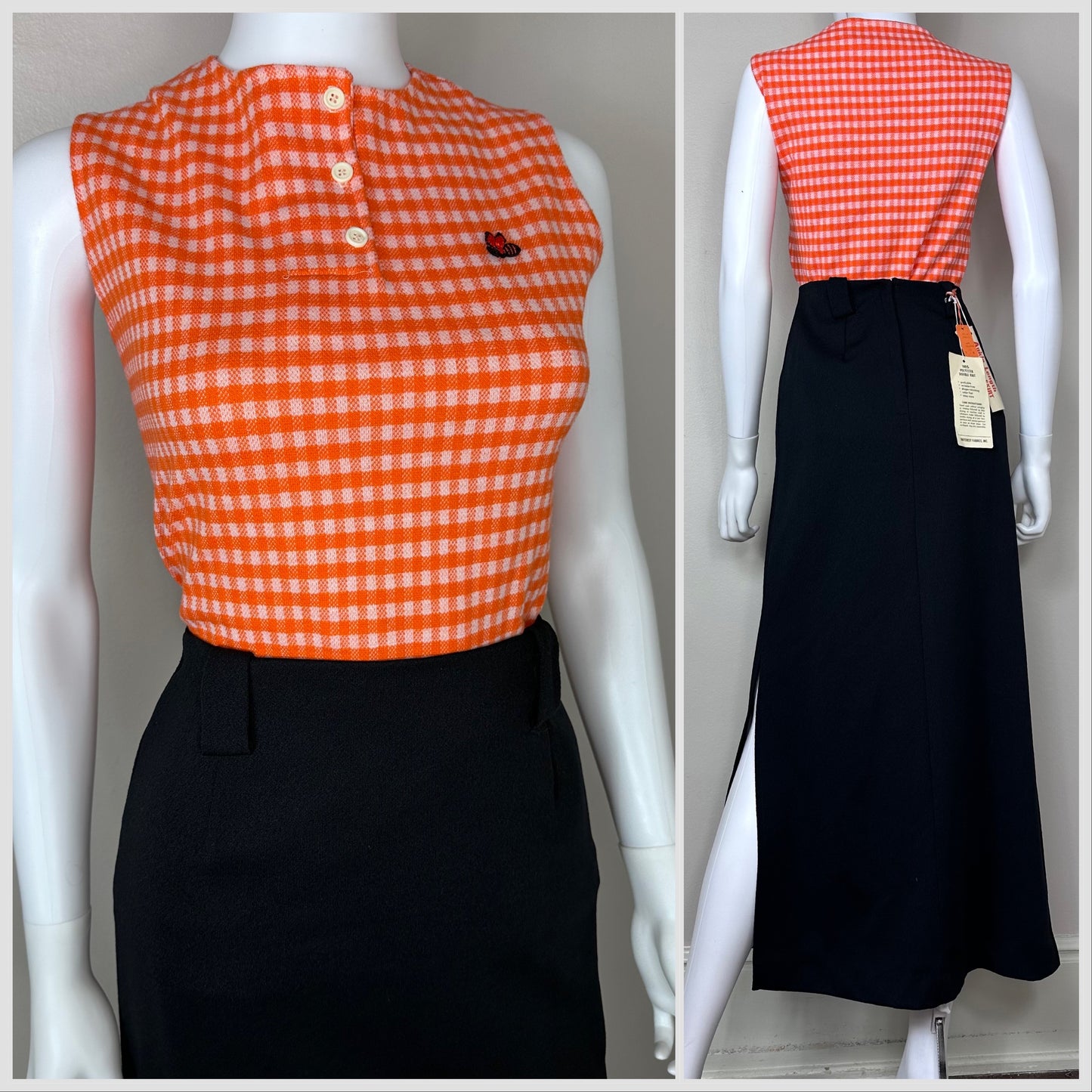 1960s/70s Orange Gingham Double Knit Sleeveless Henley Top, Jane Colby Size M-L