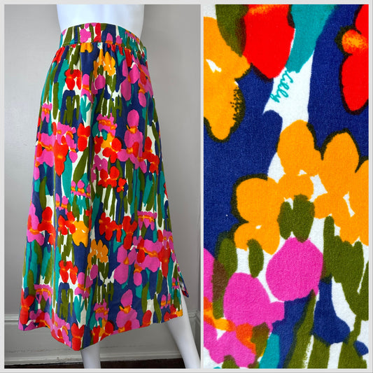 1960s The Lilly Bright Floral Velvet Midi Skirt, Lilly Pulitzer Size XS