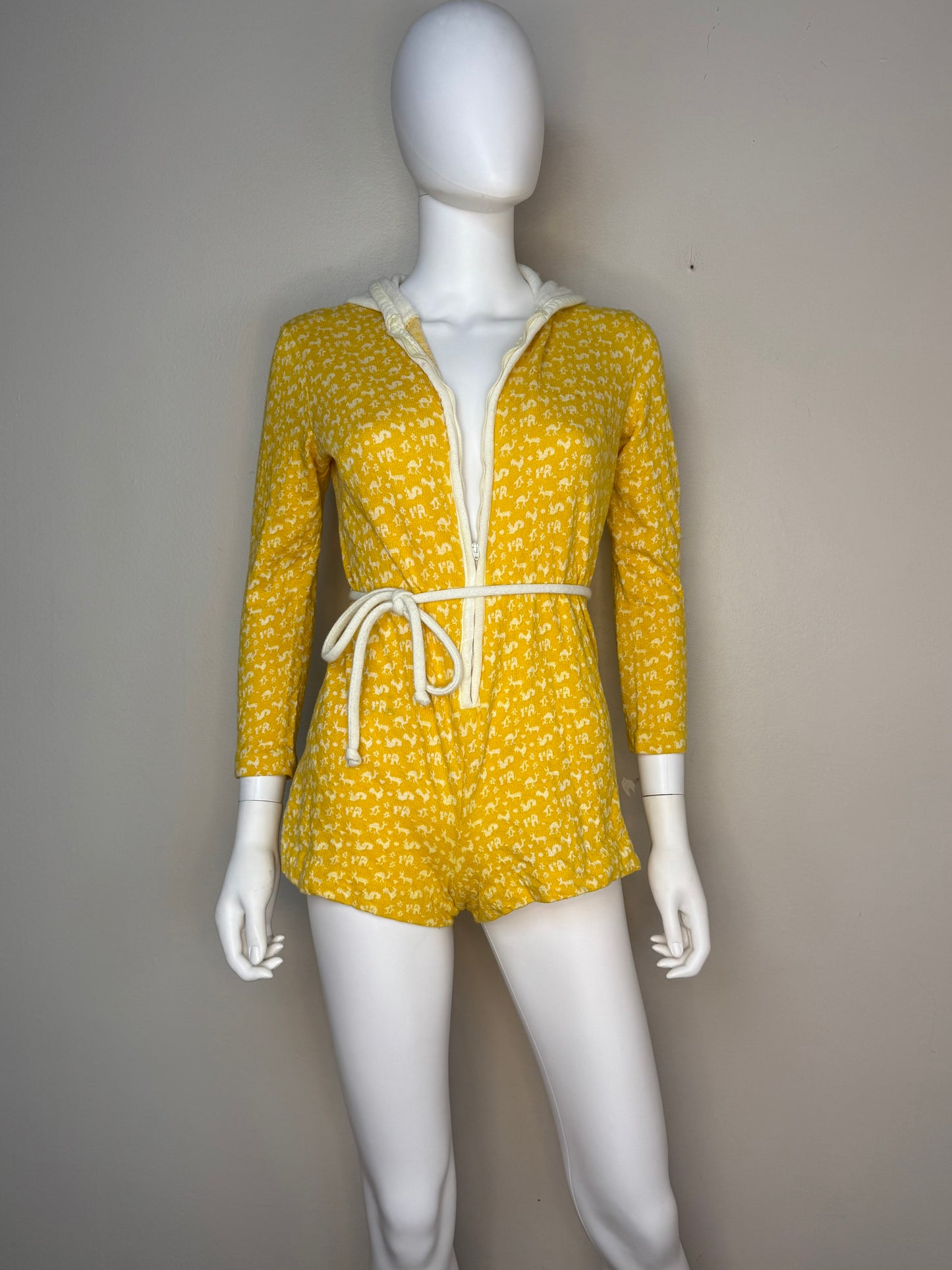 1970s Yellow Knit Animal Hooded Romper, Misty Lane Size Small-Medium