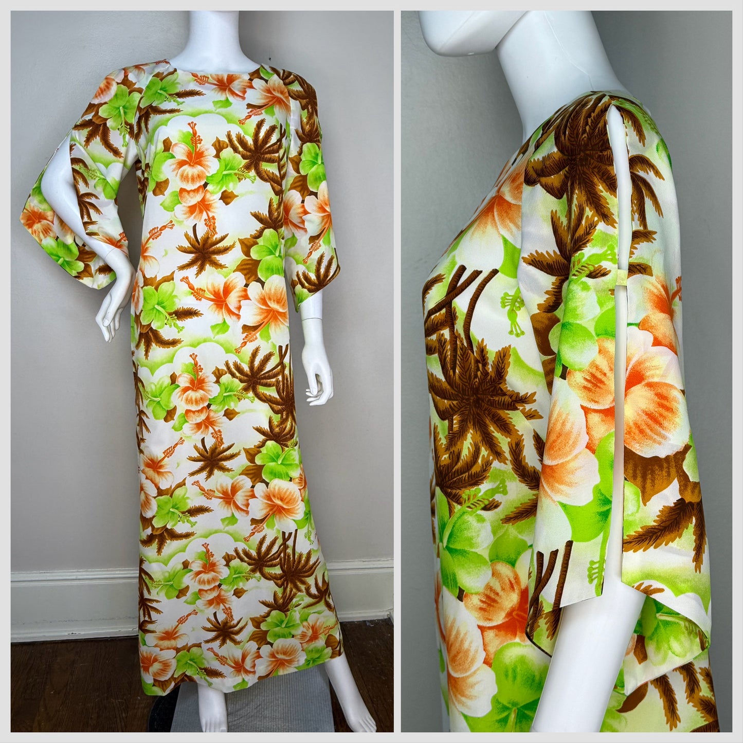 1970s Hawaiian Floral Maxi Dress with Split Bell Sleeves, Pomare Hawaii