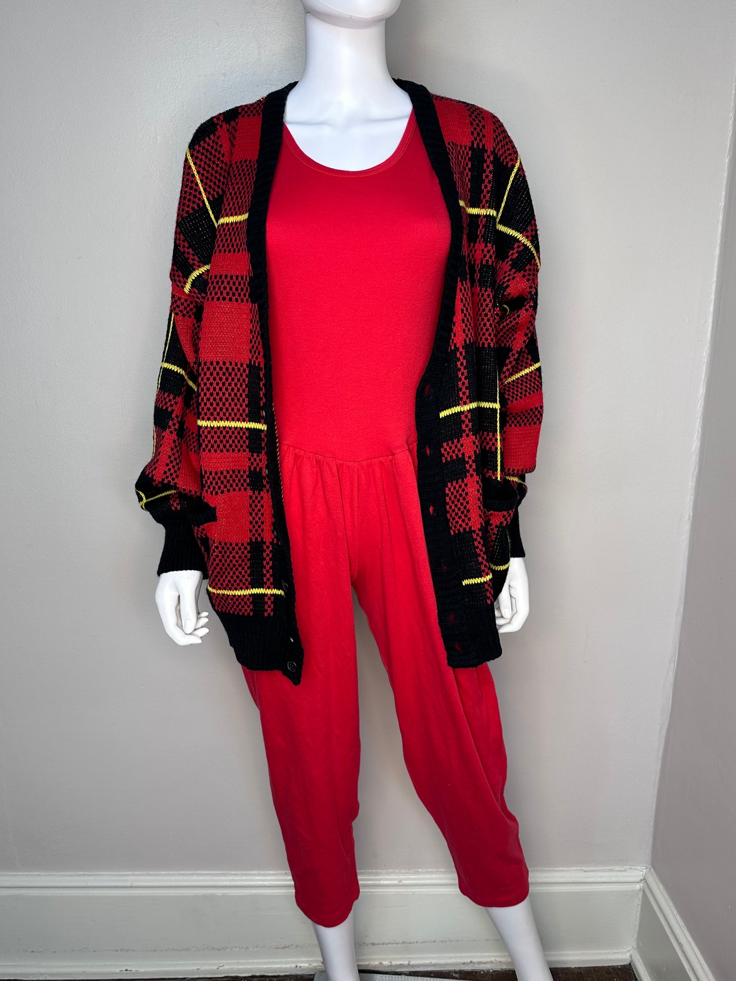 1980s Red Plaid Cardigan Sweater, Instant Glamour Limited Express Size Medium-Large, Deadstock with Tags