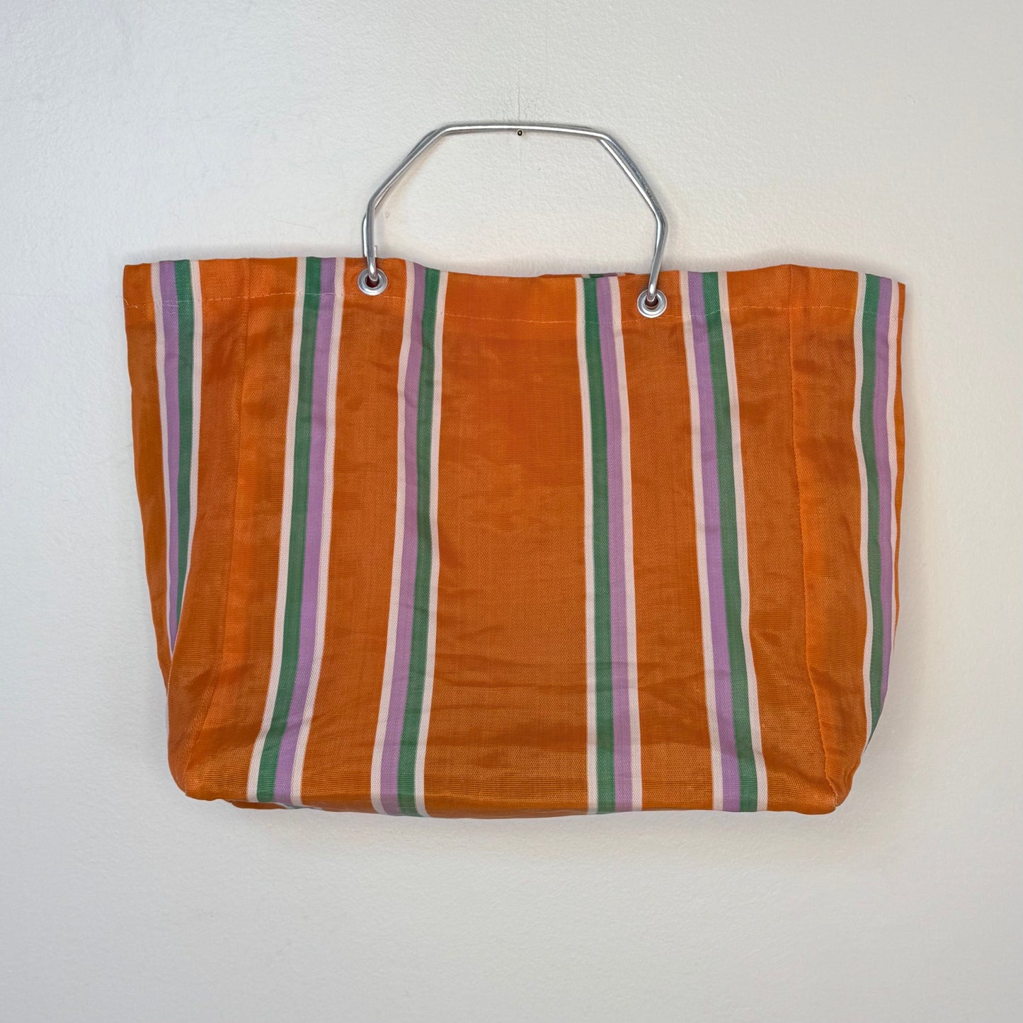 1970s Orange Stripe Large Shopping Tote Bag, KGA Spain, Woven Polyethylene with Metal Handles