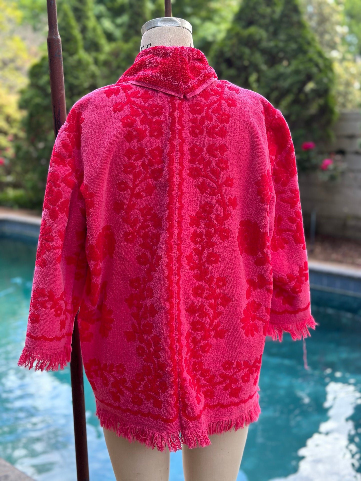 1960s Pink Towel Jacket with Fringe, Beach Cover-Up, Handmade Size M-L