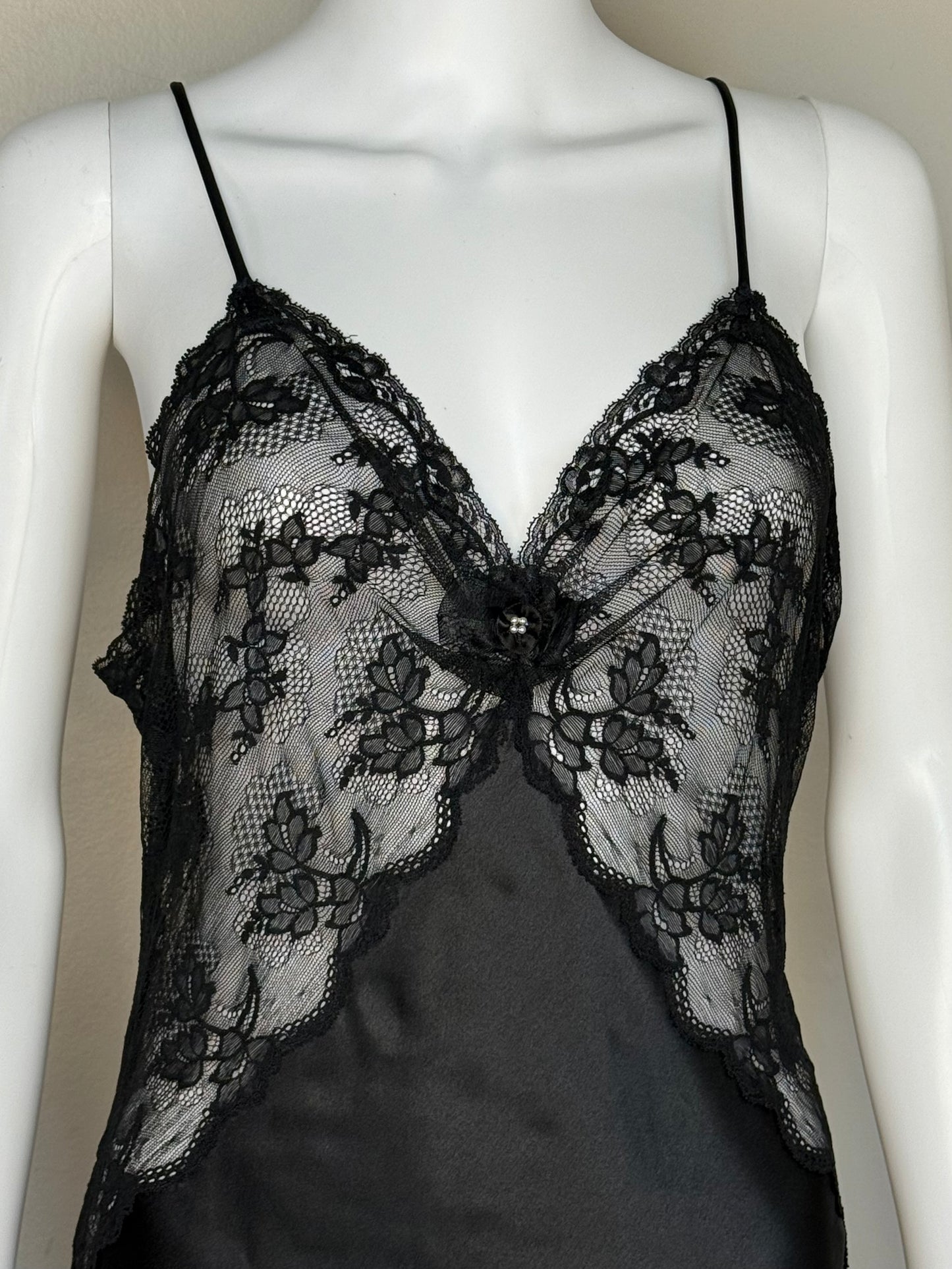 1980s Christian Dior Lingerie Peignoir Set, Nightgown and Robe, Black Satin and Lace, Size Medium