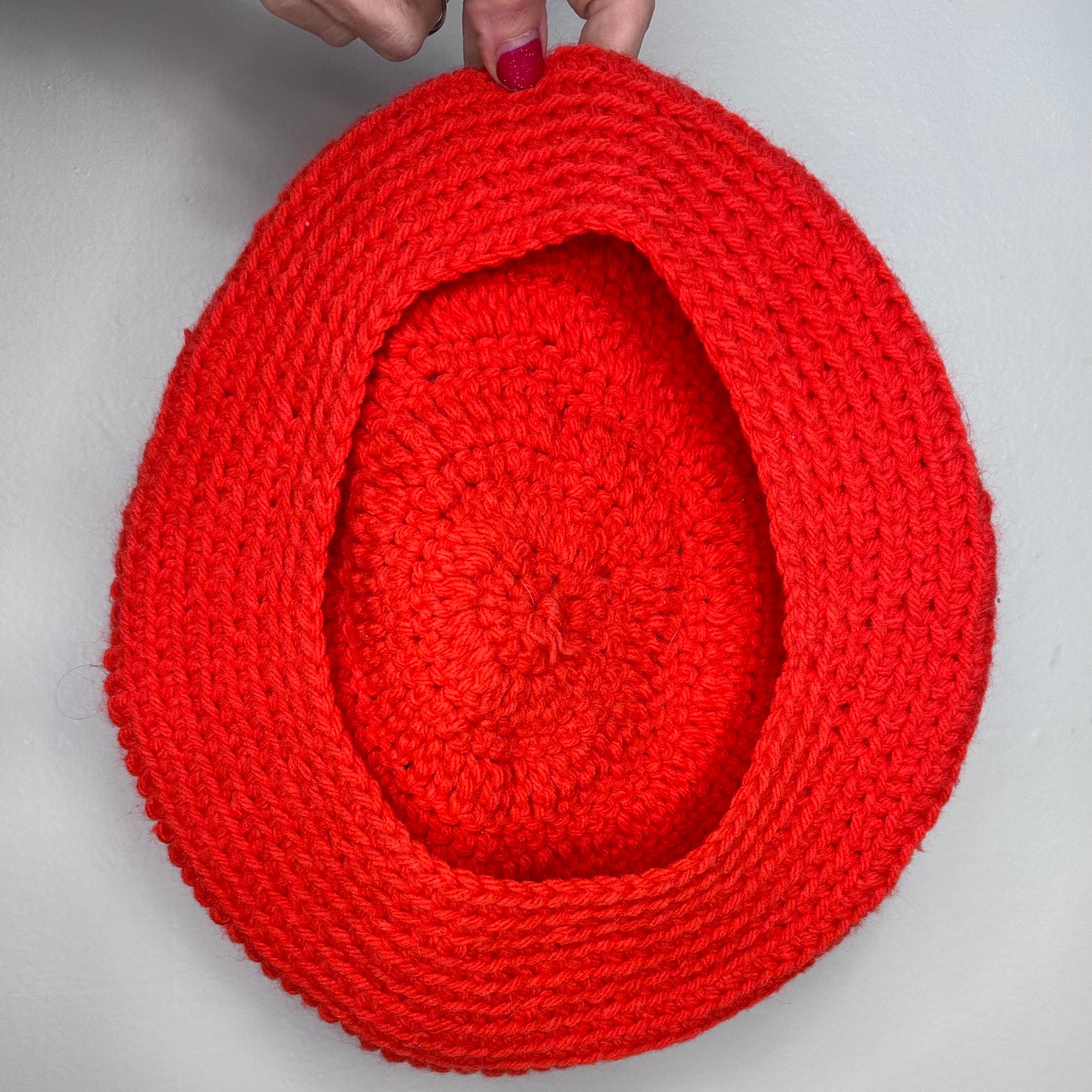 1970s Orange Knit Beret with Pom Pom, Handmade