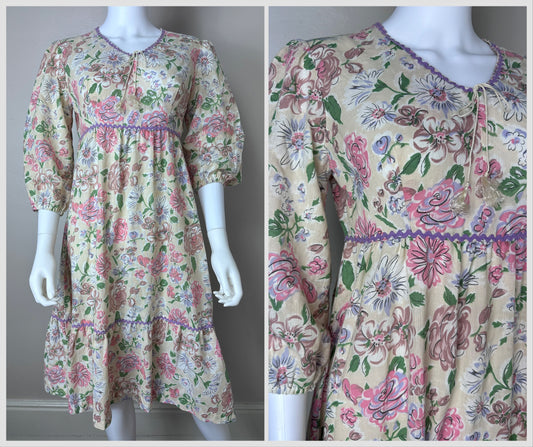 1970s Cream and Pink Floral Midi Dress, Size Small, Prairie Peasant