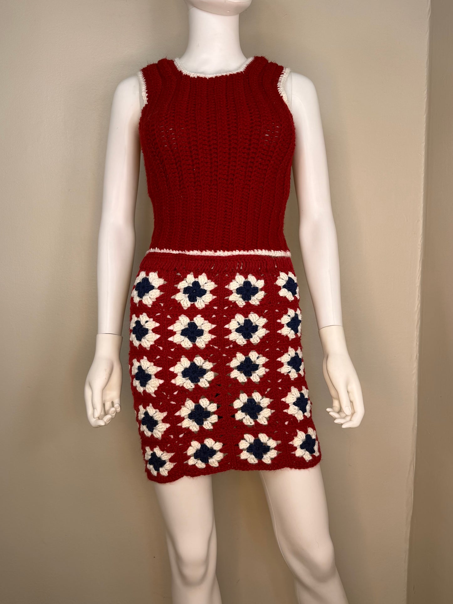 1970s Crochet Granny Square Skirt and Sweater Vest Set, Handmade Size XS, Maroon and Navy Blue