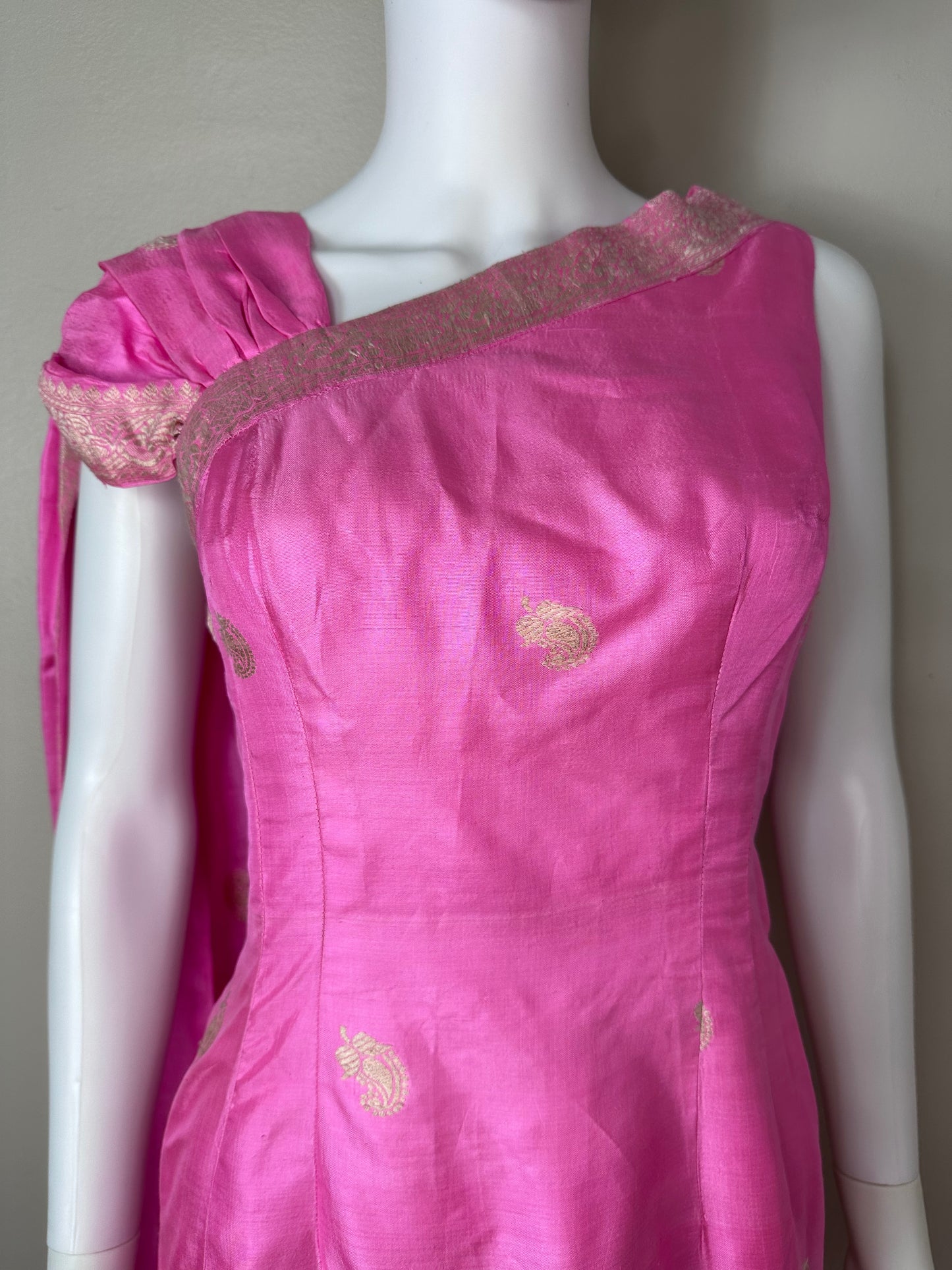 1960s Pink Indian Sari Inspired Evening Gown Maxi Dress, Size X-Small
