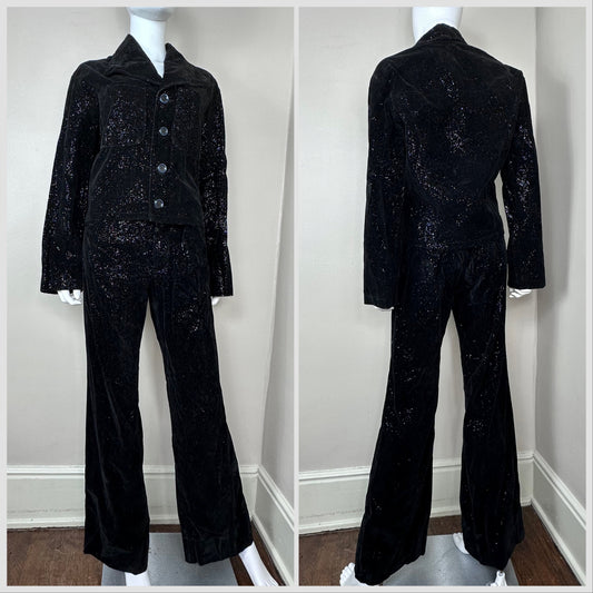 1960s/70s Black Velvet with Rainbow Glitter Suit, National Shirt Shop Jacket and Pants, Size S/M