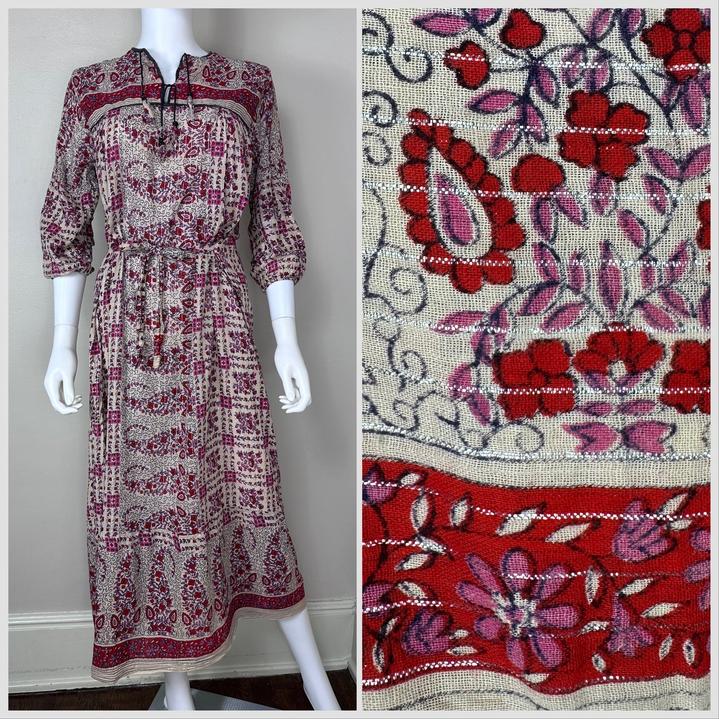 1970s/80s Pakistani Cotton Dress with Metallic Thread, Size Medium