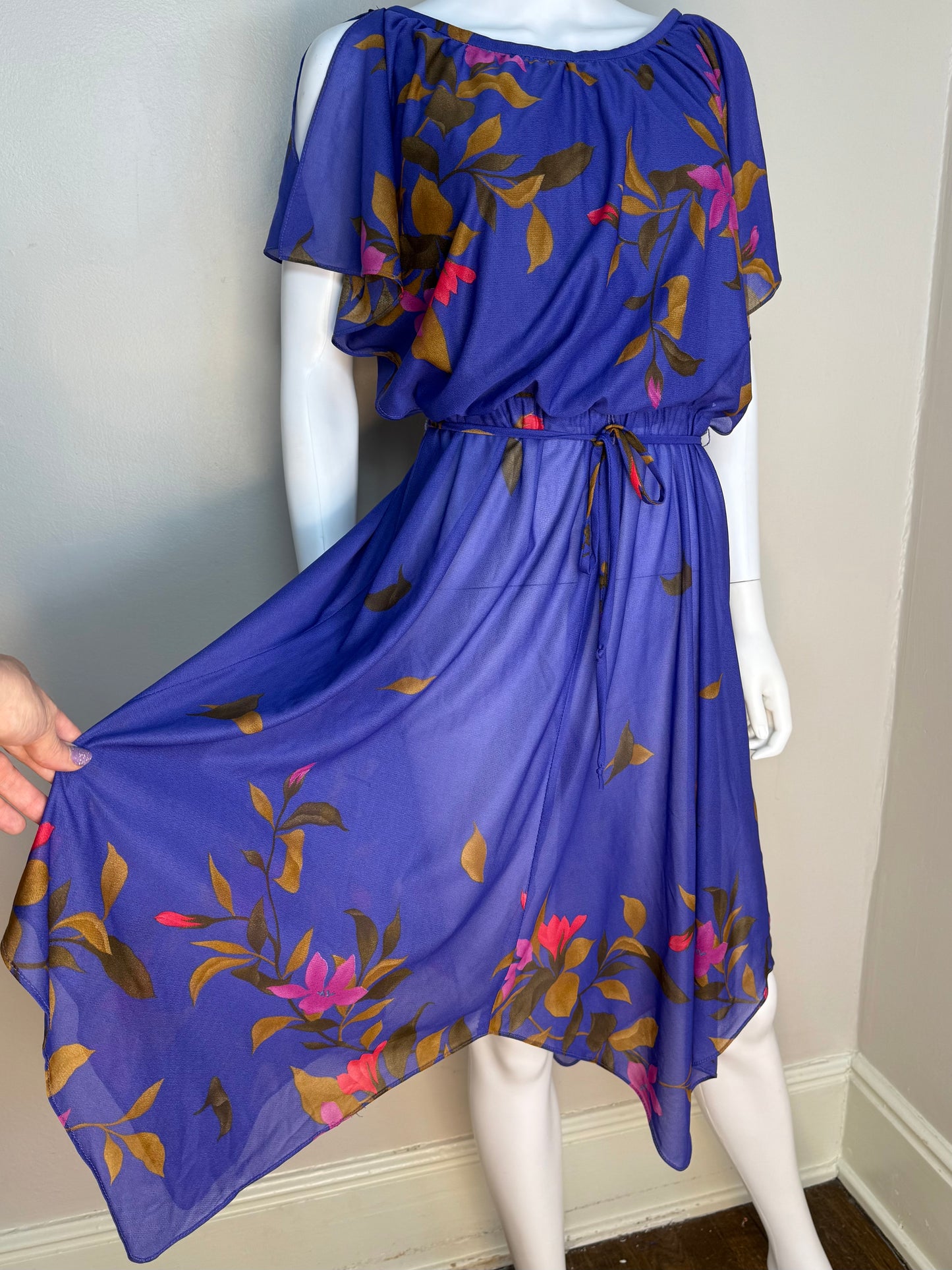 1980s Sheer Purple Floral Dress, Handkerchief Hem, Tabby of California Size S/M