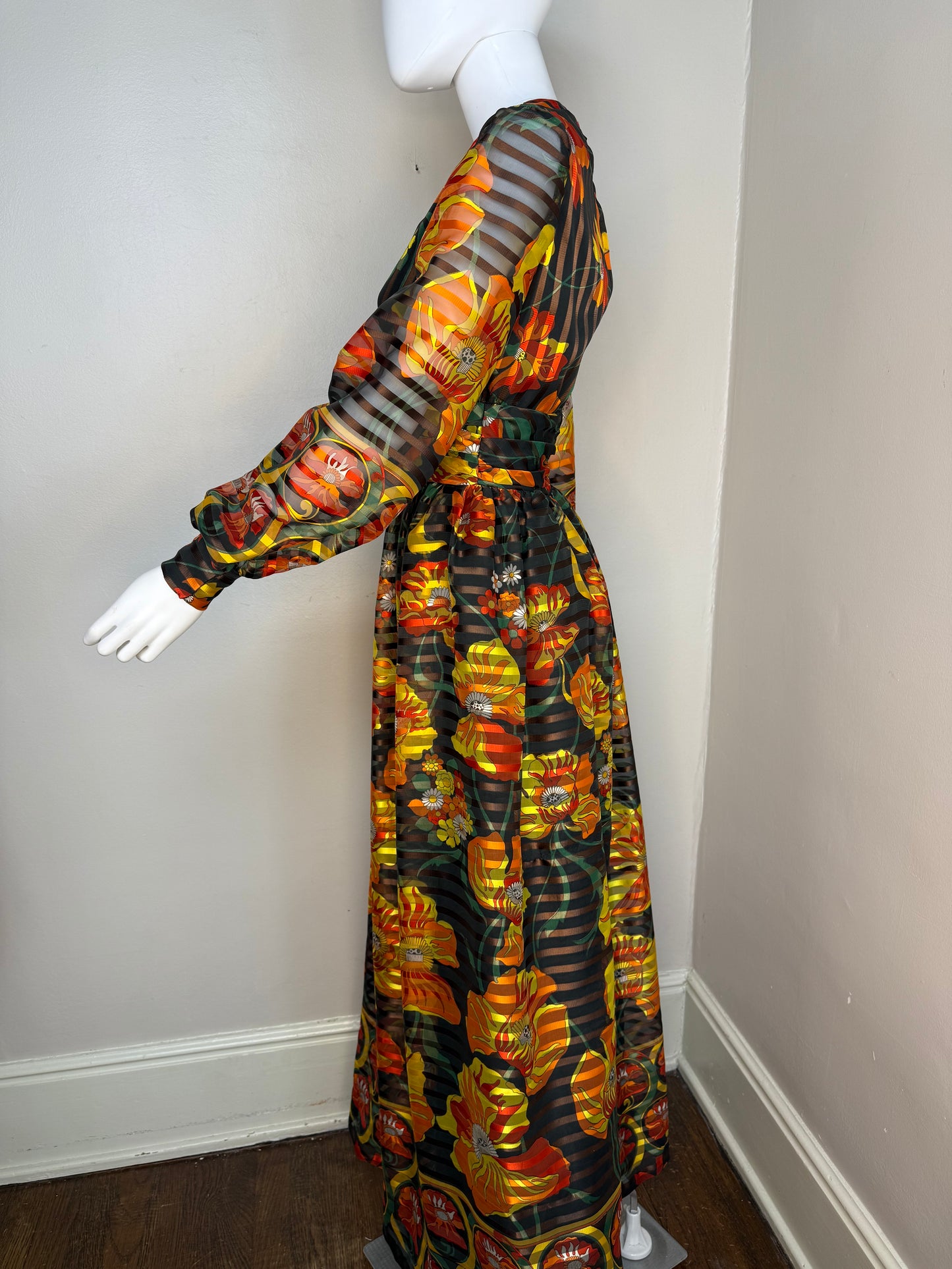 1970s Orange Floral Maxi Dress, Long Sleeve Formal, Balloon Sleeves, Morton Myles for Smith and Jones Size XS