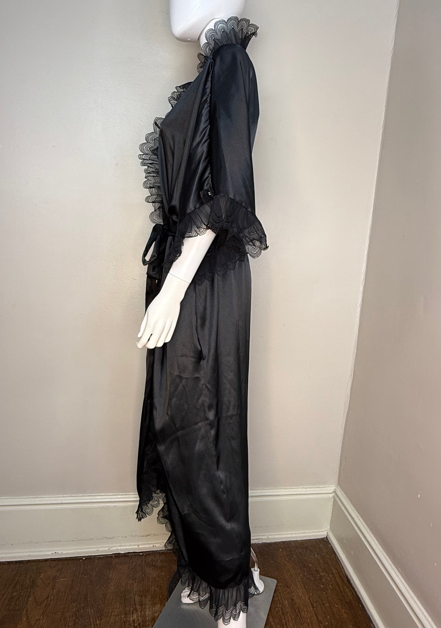 1980s Christian Dior Lingerie Peignoir Set, Nightgown and Robe, Black Satin and Lace, Size Medium