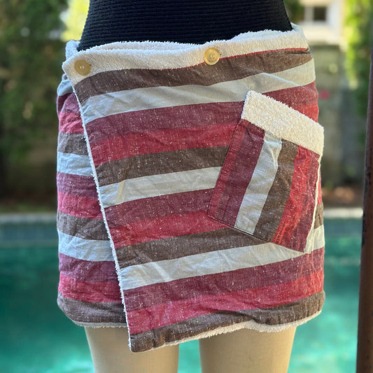 1960s Pleetway Towel Lined Striped Beach Kilt, Swimsuit Cover Up, Terrycloth Wrap