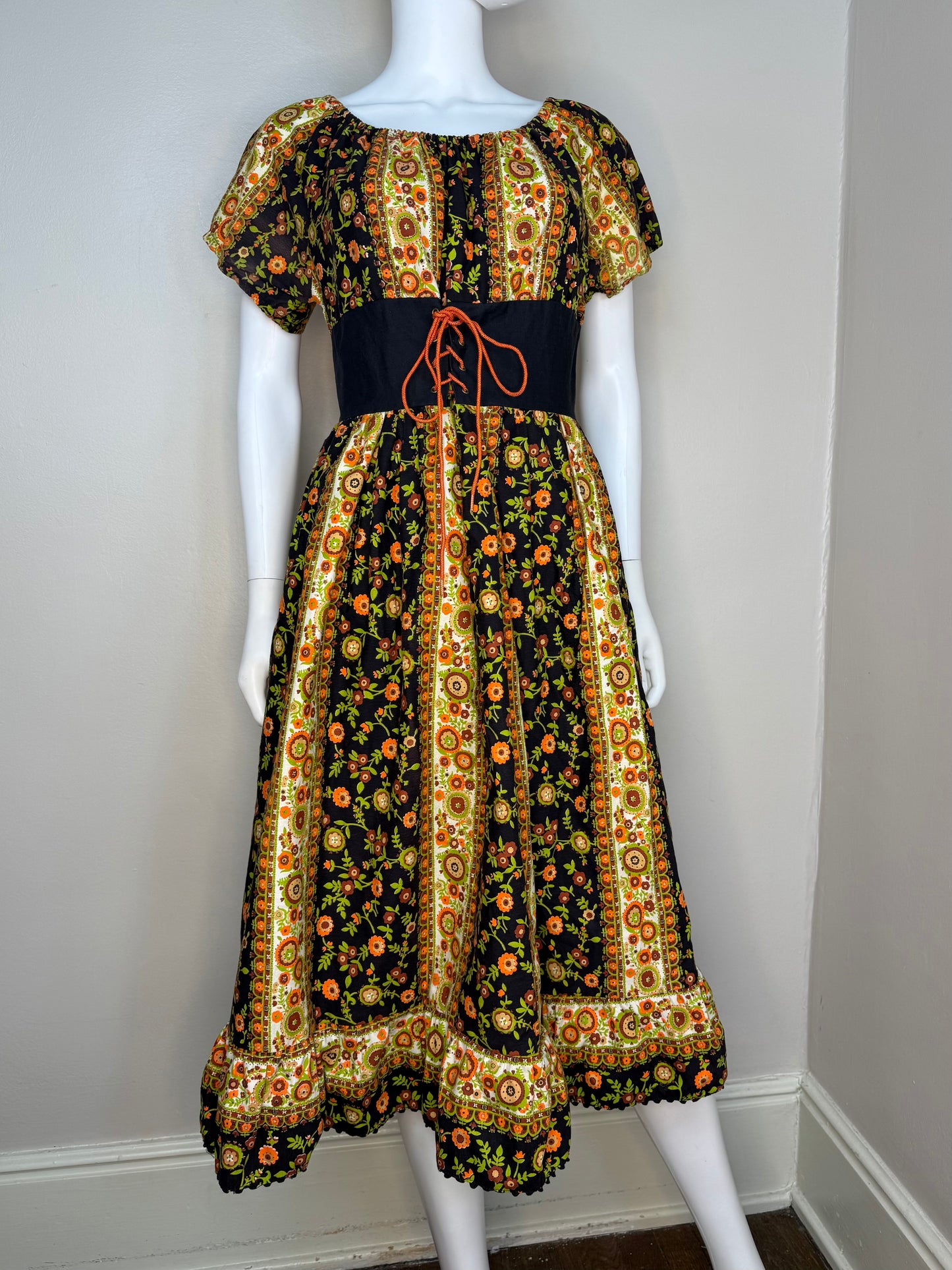1960s Black and Orange Floral Peasant Dress with Corset Waist, Carol Brent Size Small-Medium, Montgomery Ward