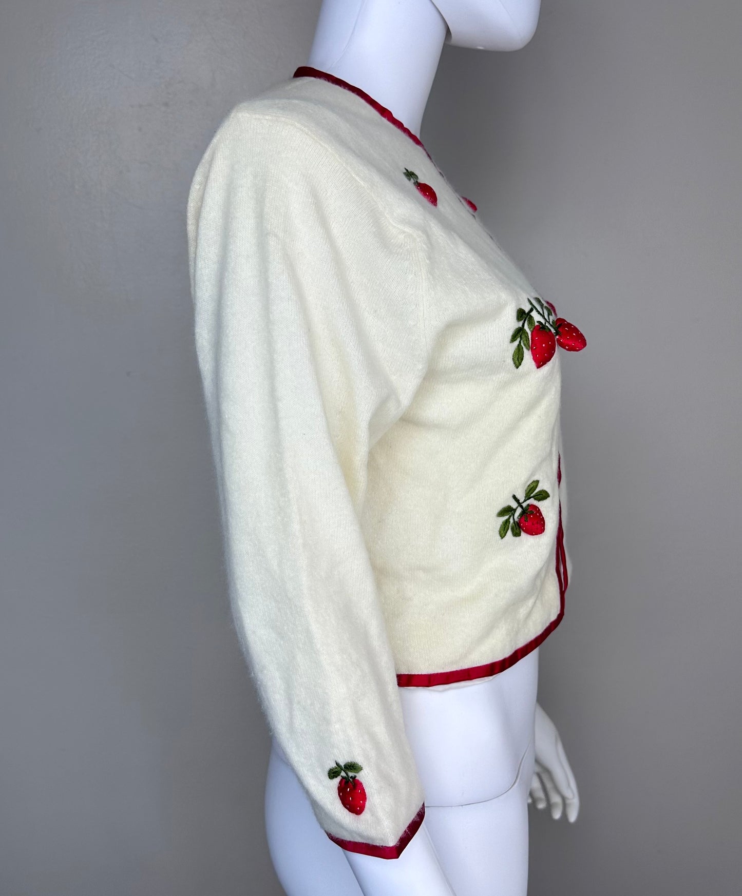 1960s Cardigan Sweater with 3D Strawberries, Doncaster Size Medium