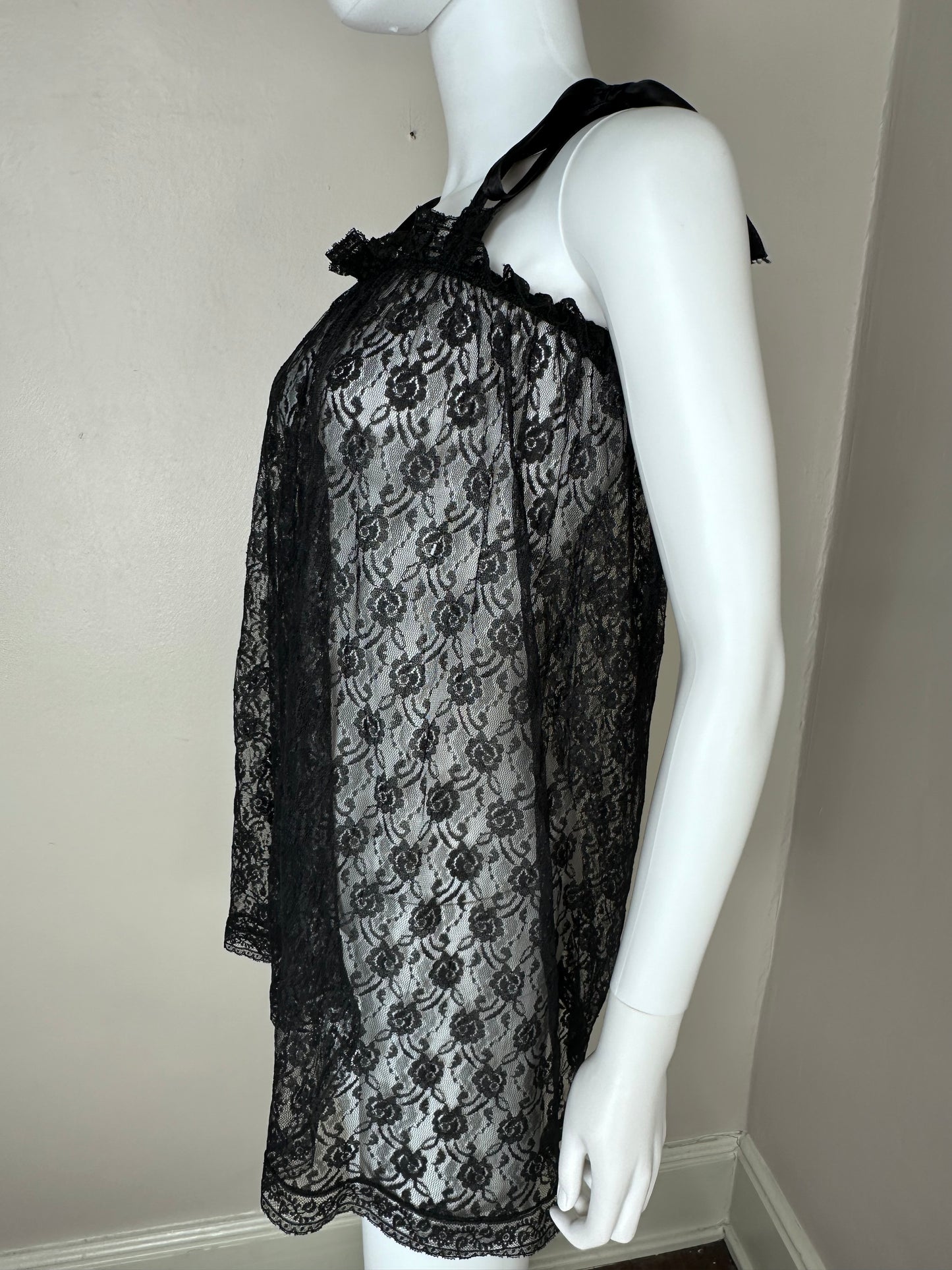 1960s Black Lace Baby Doll Nightgown, One Size, XS-Large