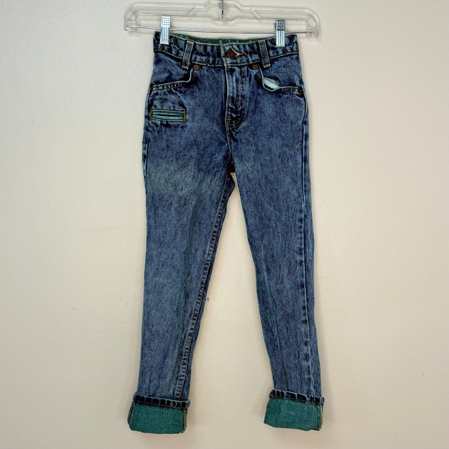 1980s Stone Wash Blue Jeans with Green Denim Accents, Levi’s Size 8, White Tab