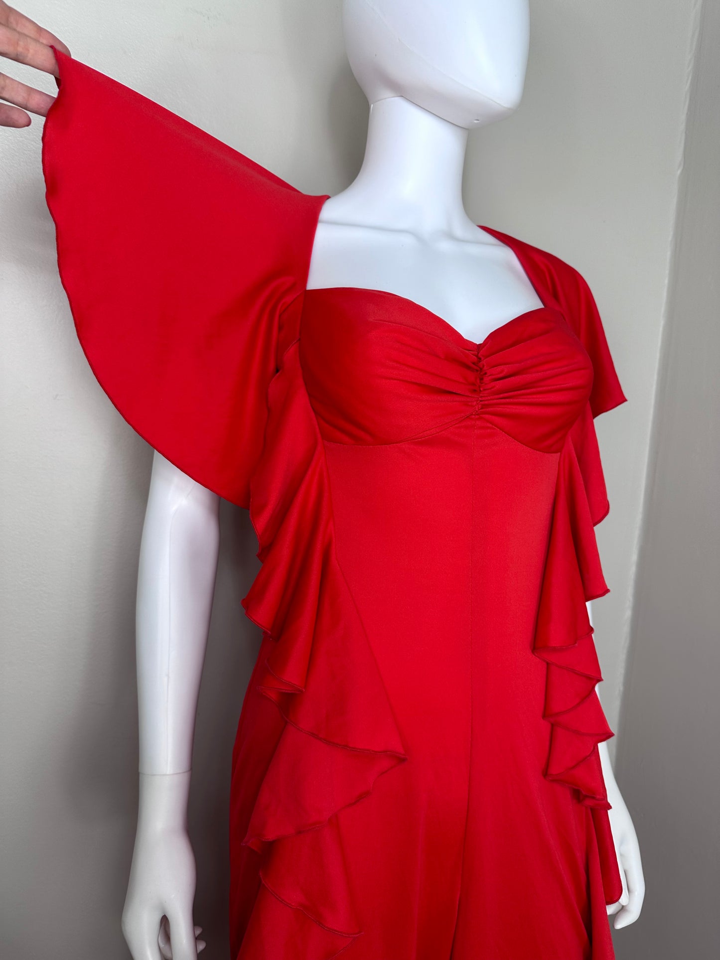 1970s Red Bellbottom Jumpsuit with Ruffles, Jack Hartley Size Small-Medium