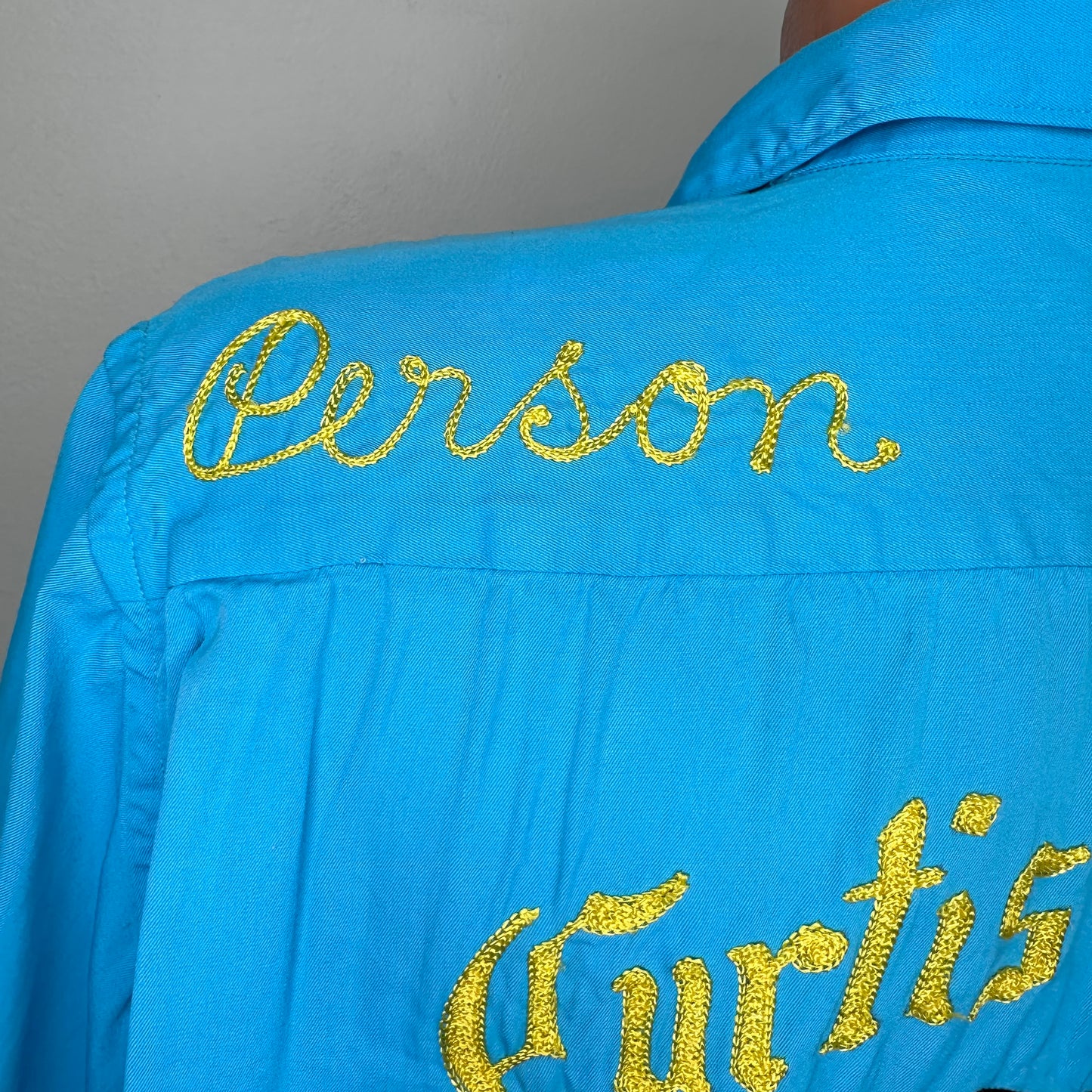 1950s Bowling Shirt, Hilton Size L/XL, Chain Stitch Embroidery, 50s Corvette, Curtis Person Millington