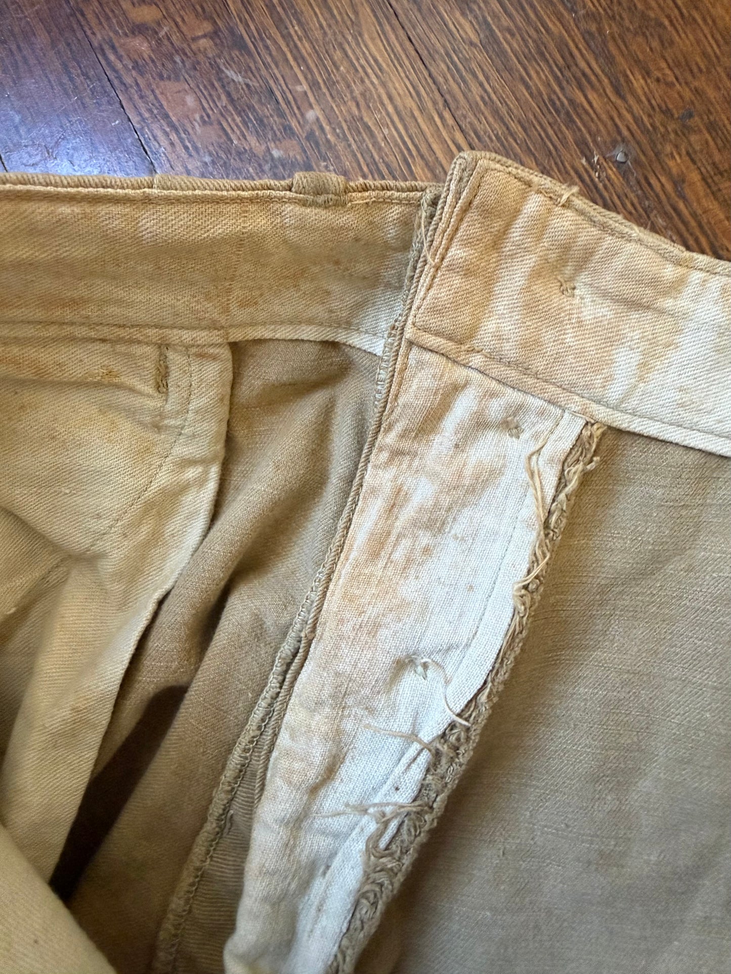 1910s WW1 Khaki Canvas Jodhpurs Pants, Summer Riding Breeches, Distressed Patina, 33"x26.25"